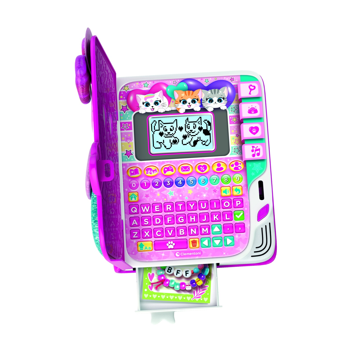 Un diario elettronico rosa e bianco con gatti, schermo, tastiera QWERTY e un piccolo cassetto con perline.