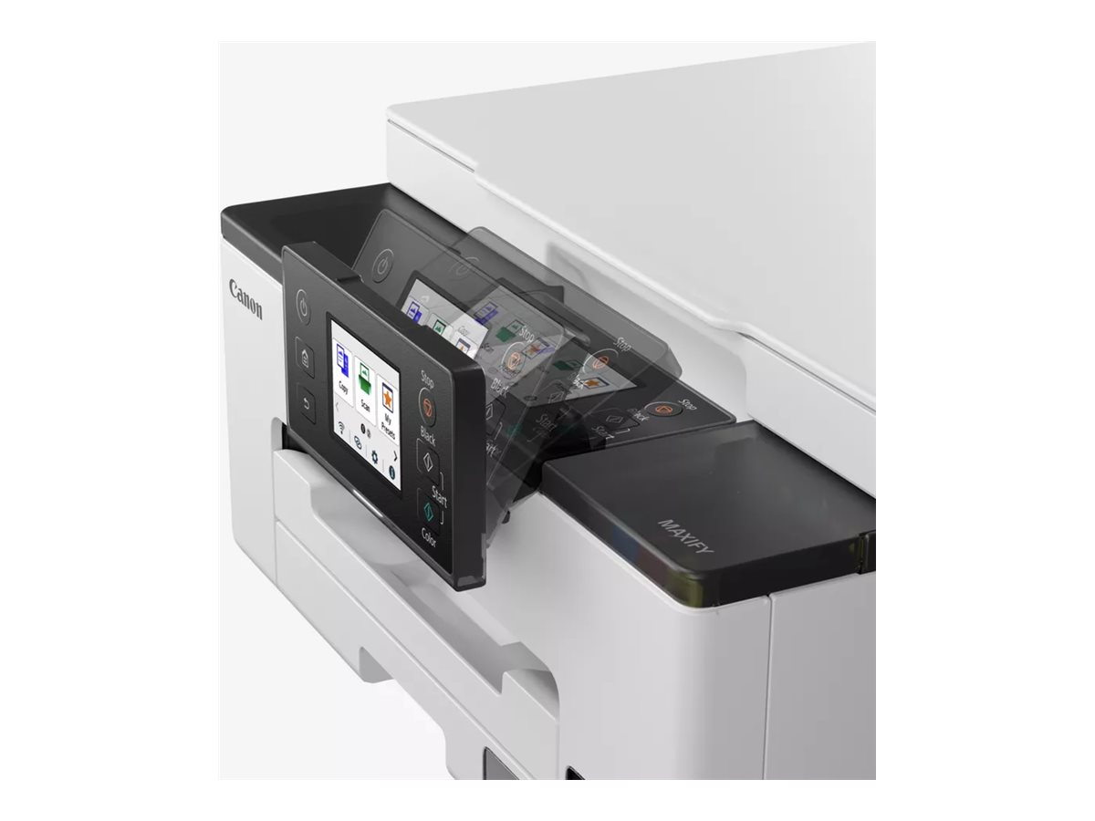 Ein weißer Canon MAXIFY Drucker zeigt ein neigbares Touchscreen-Bedienfeld.
