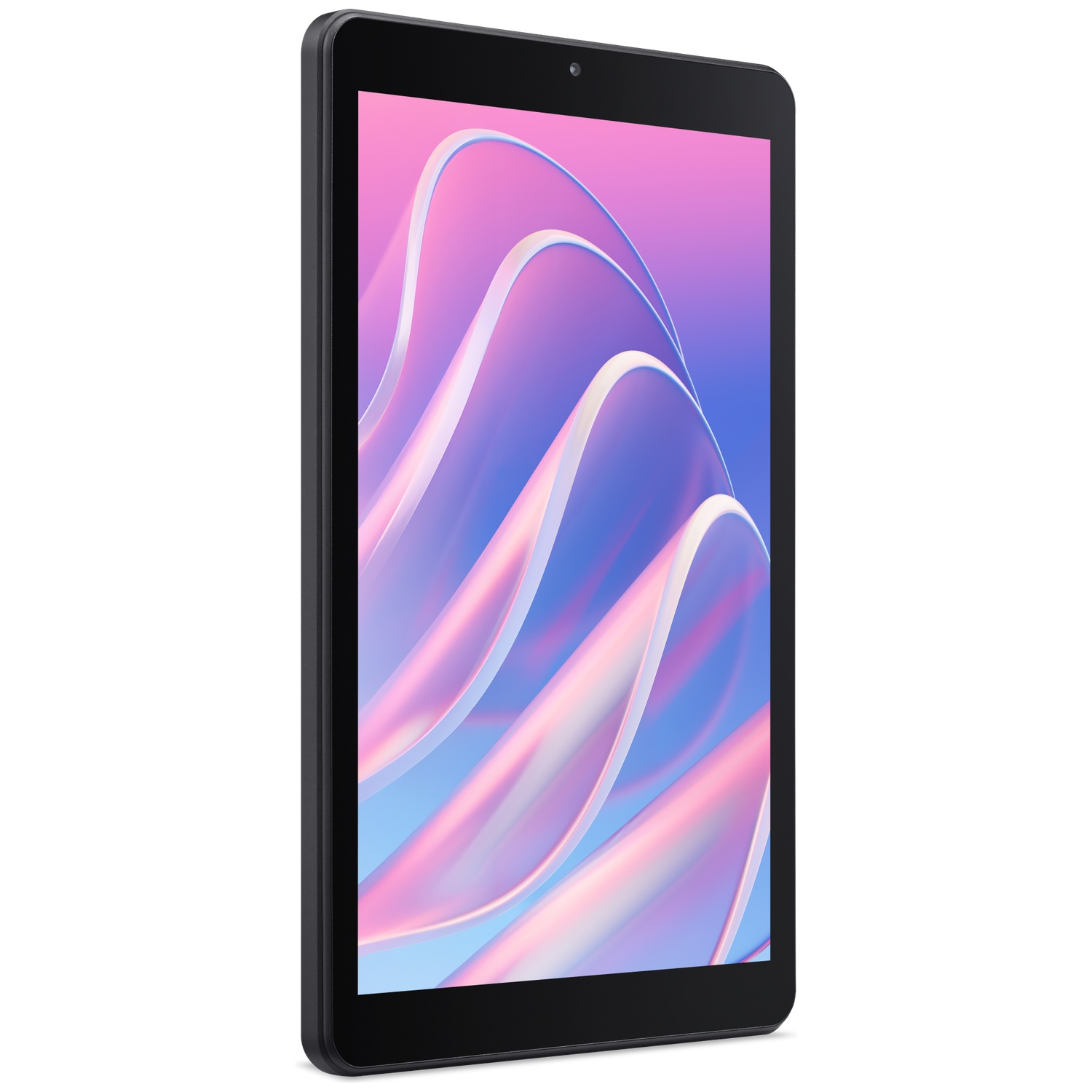 Een naar rechts gekantelde zwarte tablet toont een kleurrijk, abstract roze-blauw golfachtergrond op het scherm.