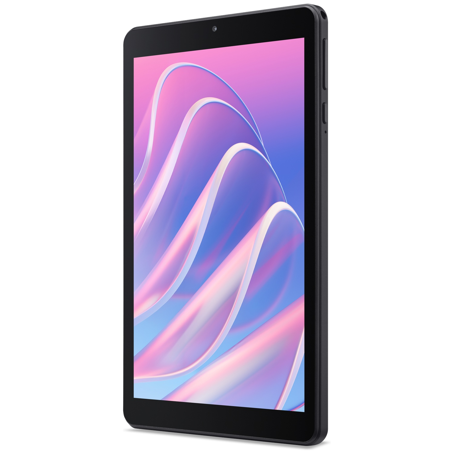 Zwarte tablet met roze en blauwe abstracte golvenachtergrond op het scherm, op witte achtergrond.