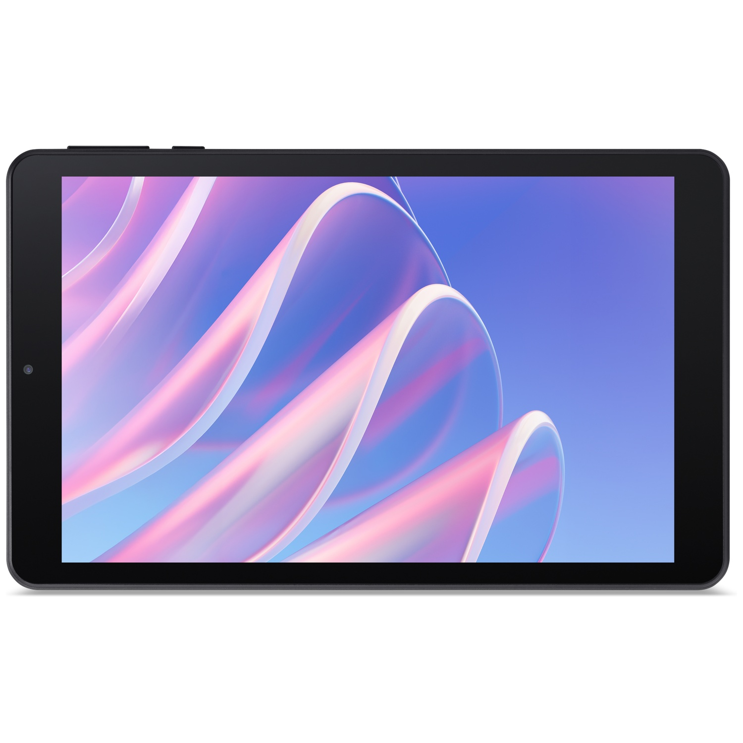 Een zwarte tablet toont een kleurrijke, abstracte achtergrond met golvende vormen in roze en blauw.