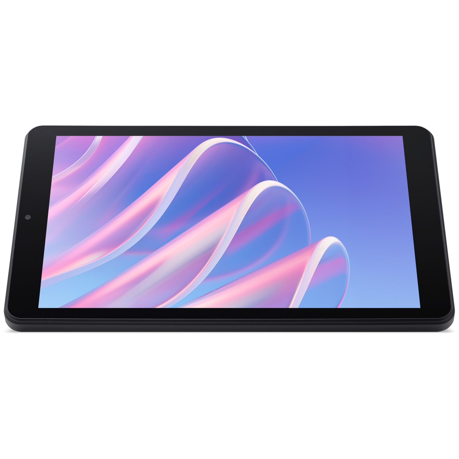 Een zwarte tablet toont een kleurrijke abstracte achtergrond met golvende roze en blauwe lijnen.
