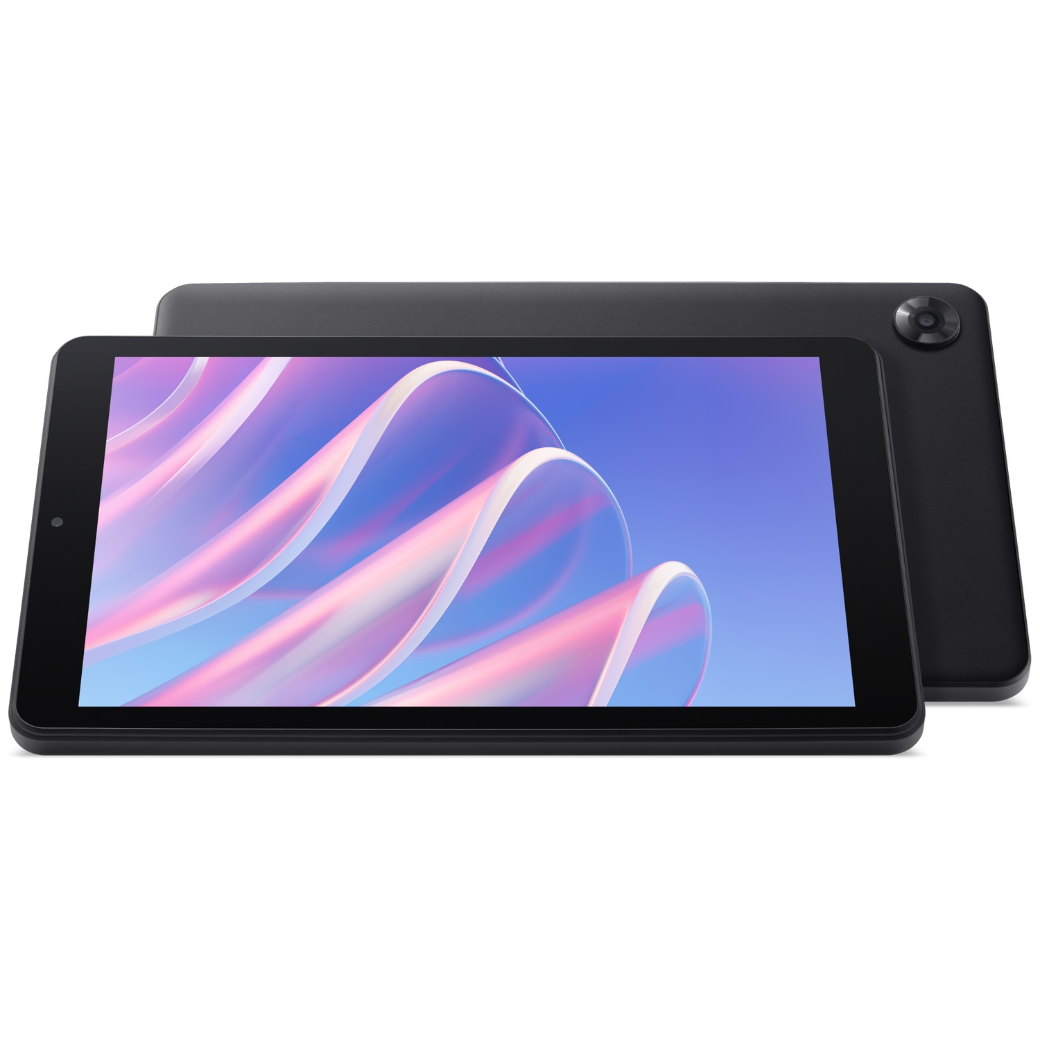 Twee zwarte tablets, één toont een kleurrijk scherm en de andere toont de achterkant met een camera.