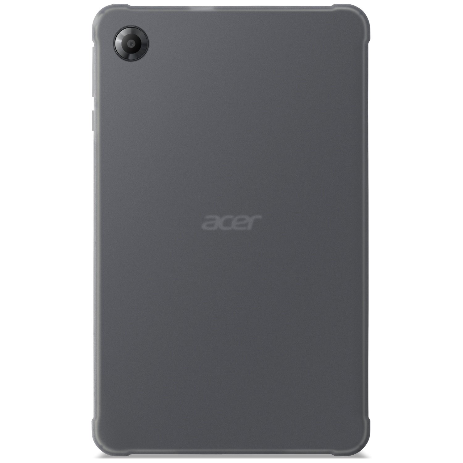 Achteraanzicht van een grijze Acer-tablet in een hoesje met één cameralens linksboven.
