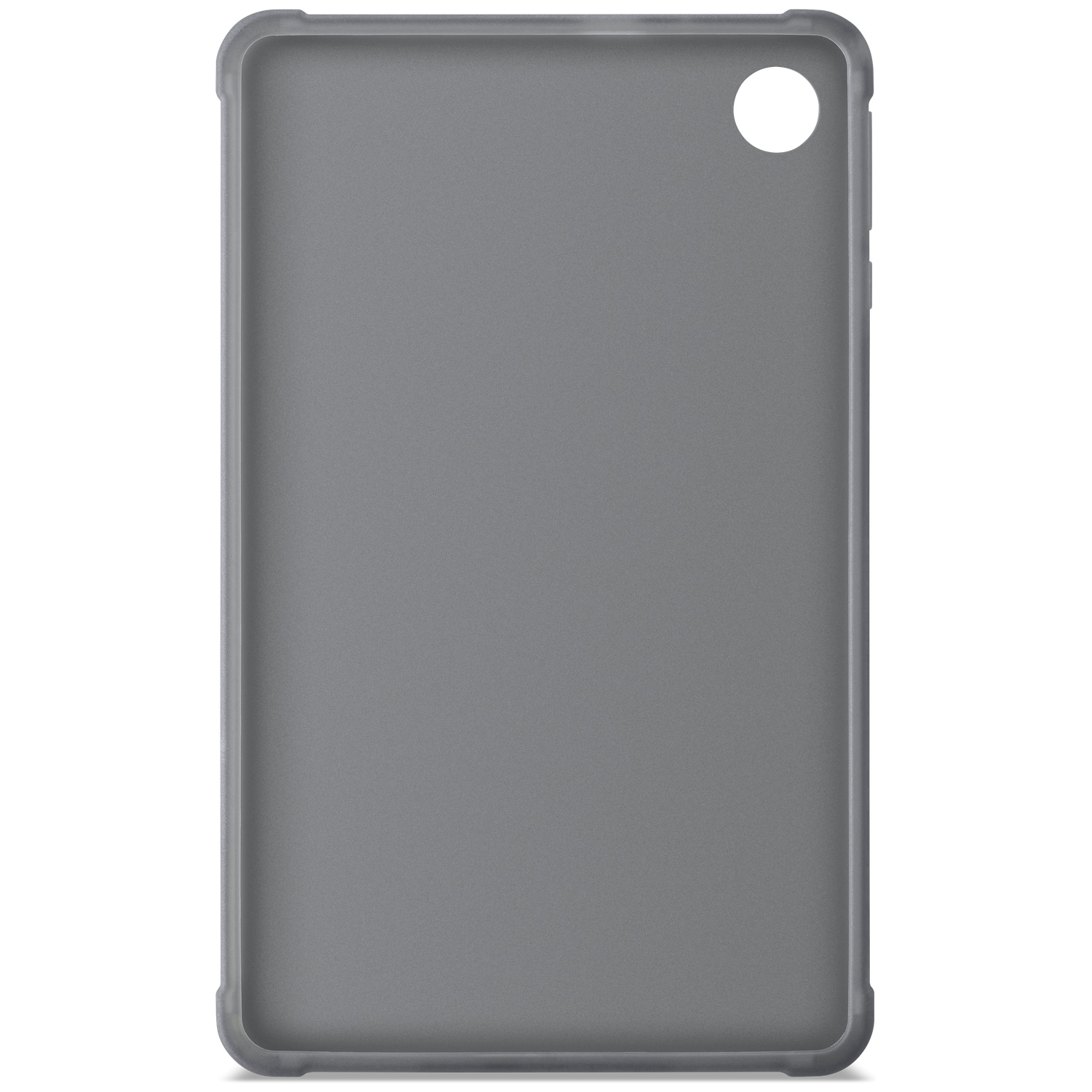 Een grijze beschermhoes voor een tablet met afgeronde hoeken en een ronde camera-uitsparing rechtsboven.