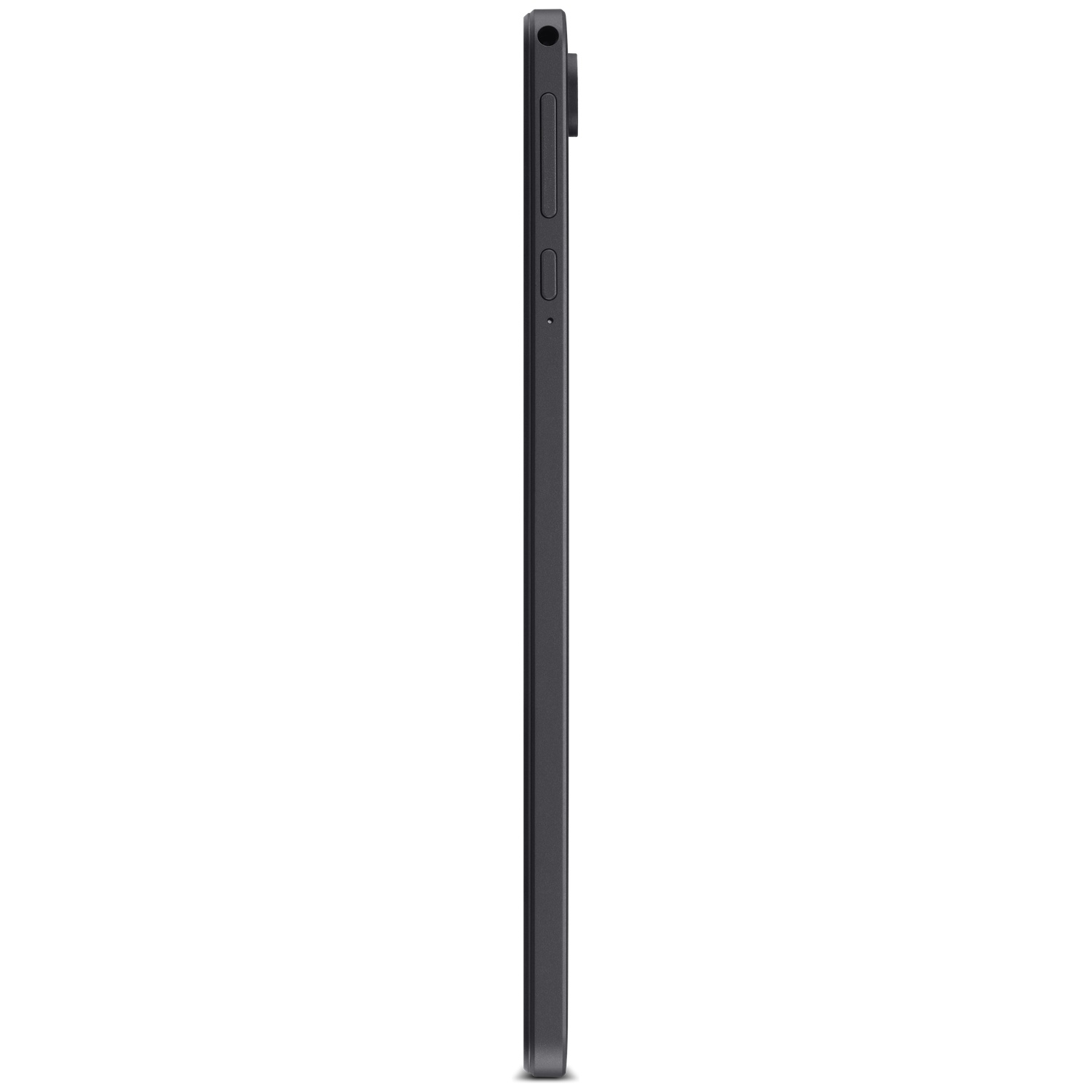 Zijaanzicht van een zwarte tablet met volumeknoppen en cameramodule.