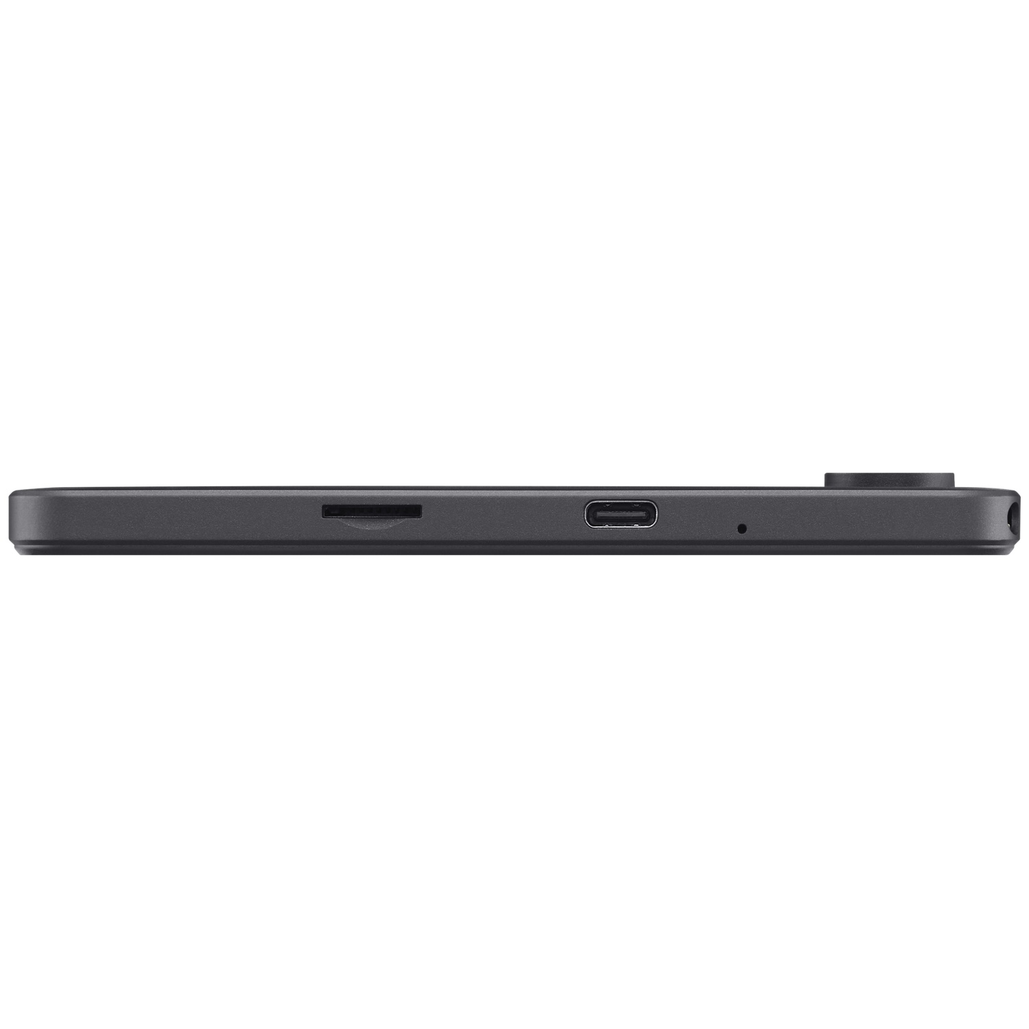 Zijaanzicht van een donkere smartphone met een USB-C-poort, microfoon en een kaartsleuf.