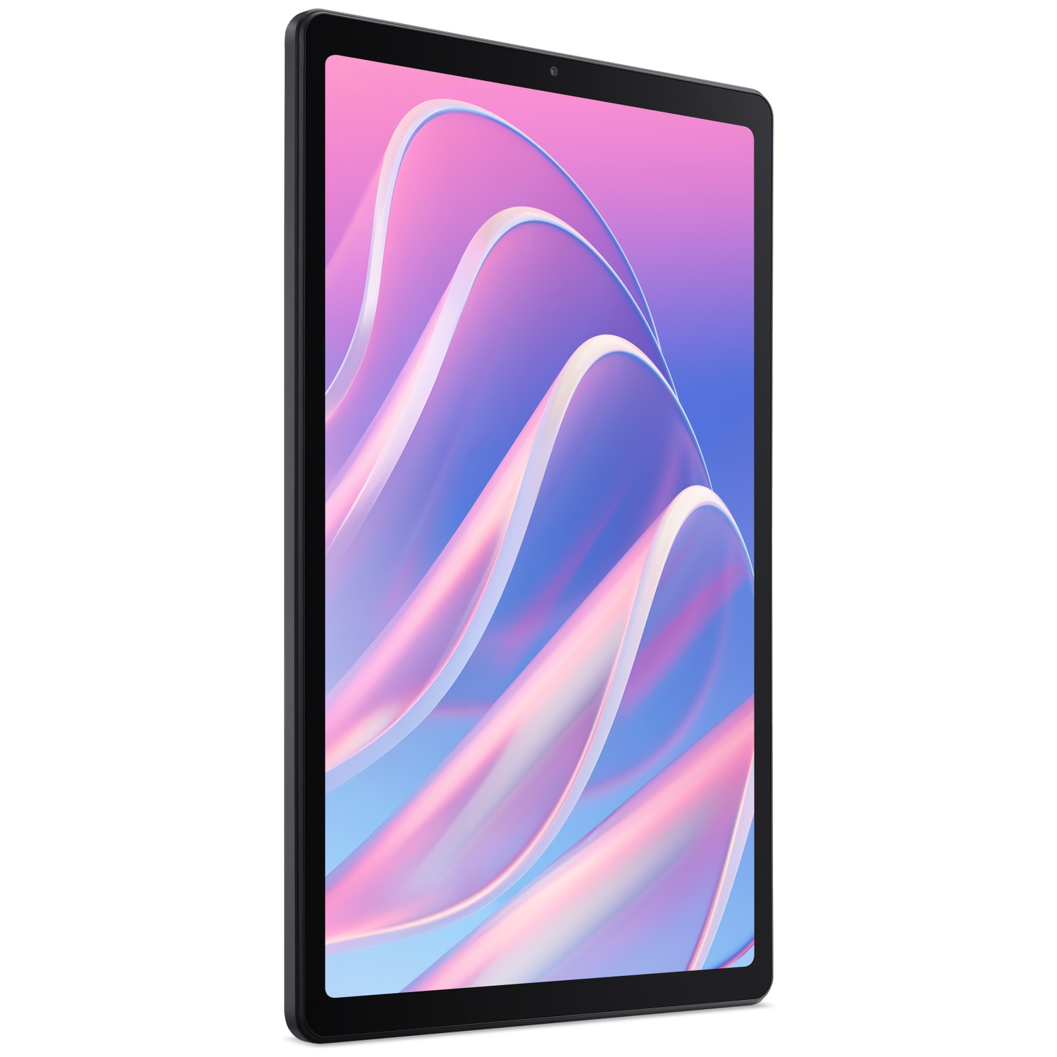 Une tablette noire affiche un fond d'écran abstrait aux vagues roses et bleues.
