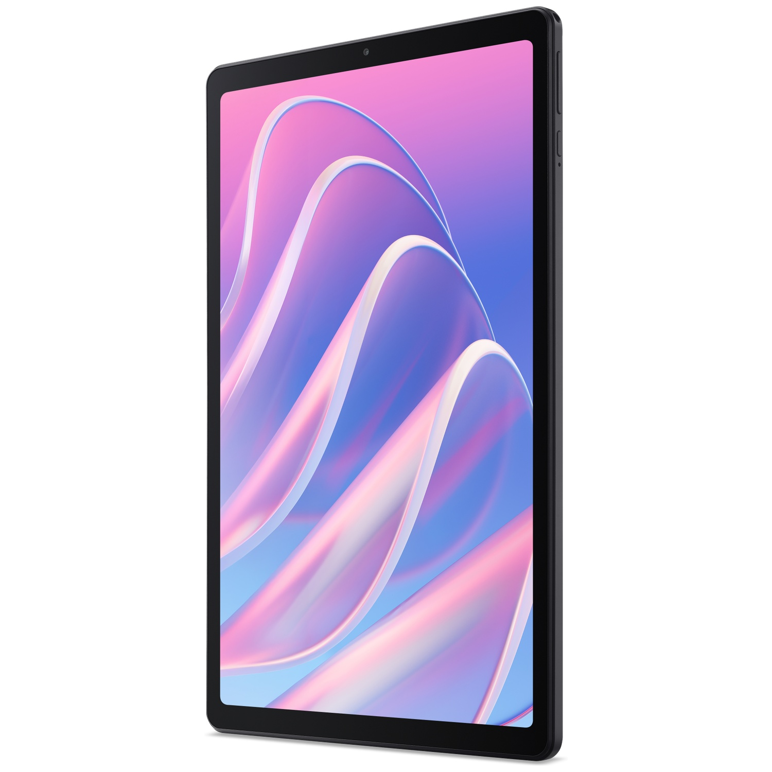 Tablette noire présentée en léger angle avec un graphique abstrait coloré et incurvé à l'écran.