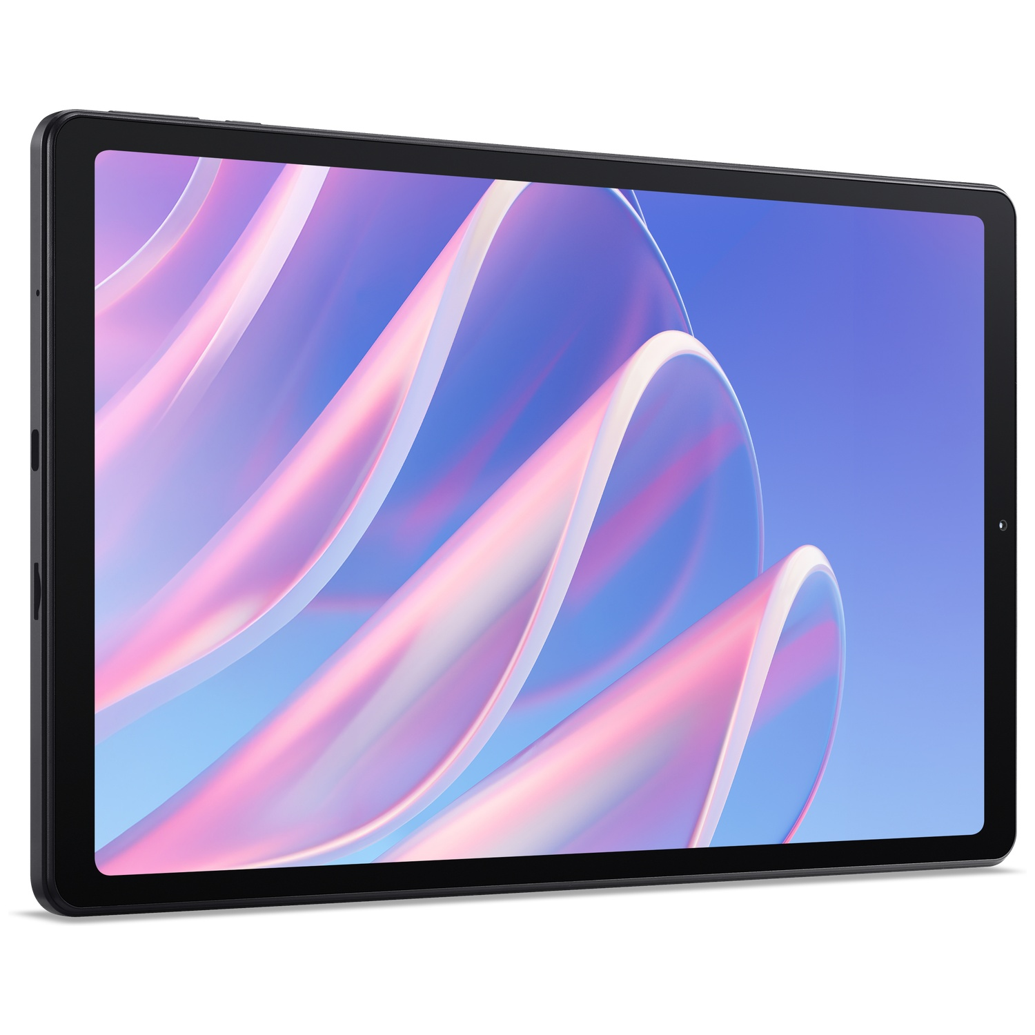 Une tablette noire affiche un fond d'écran abstrait et coloré de rubans roses et bleus courbés.