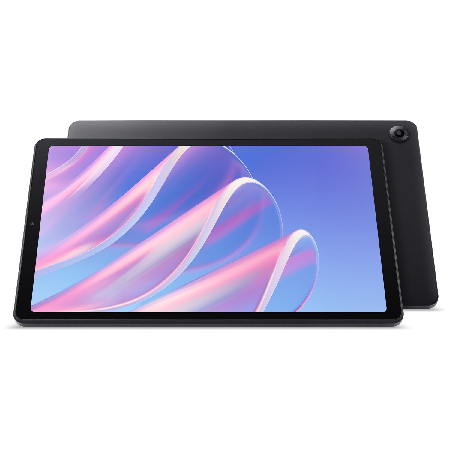 Deux tablettes noires sur fond blanc avec des vagues abstraites colorées sur l'écran.