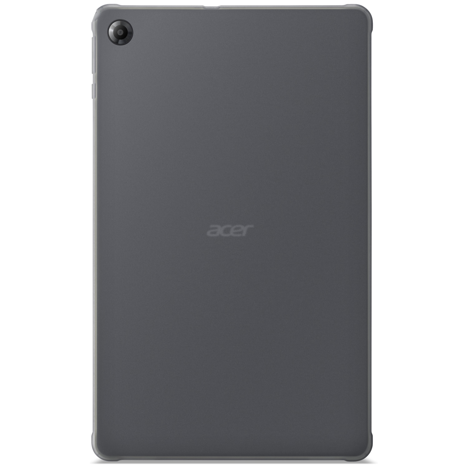 Dos d'une tablette Acer grise avec un seul appareil photo en haut à gauche et le logo Acer au centre.