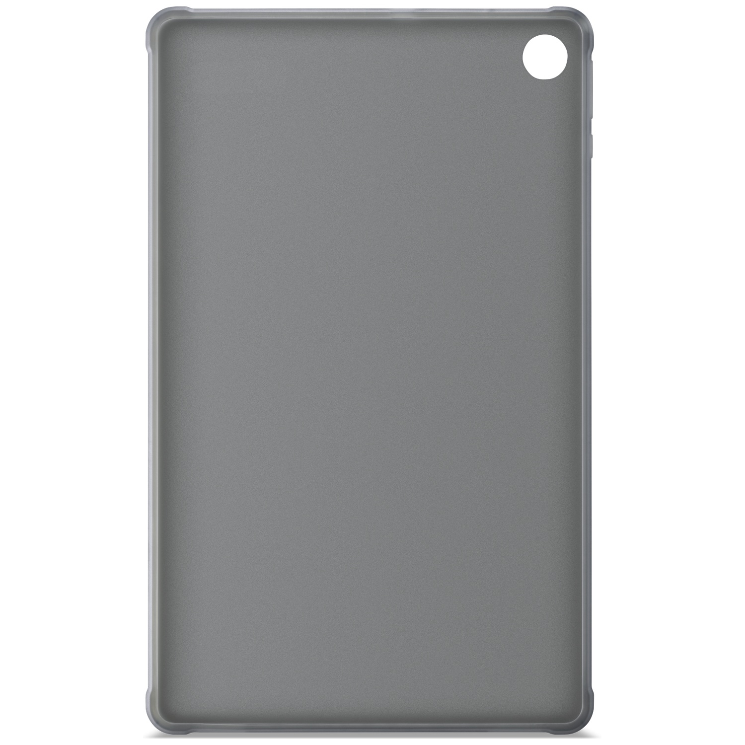 Une coque de tablette grise unie avec une découpe circulaire pour l'appareil photo en haut à droite.