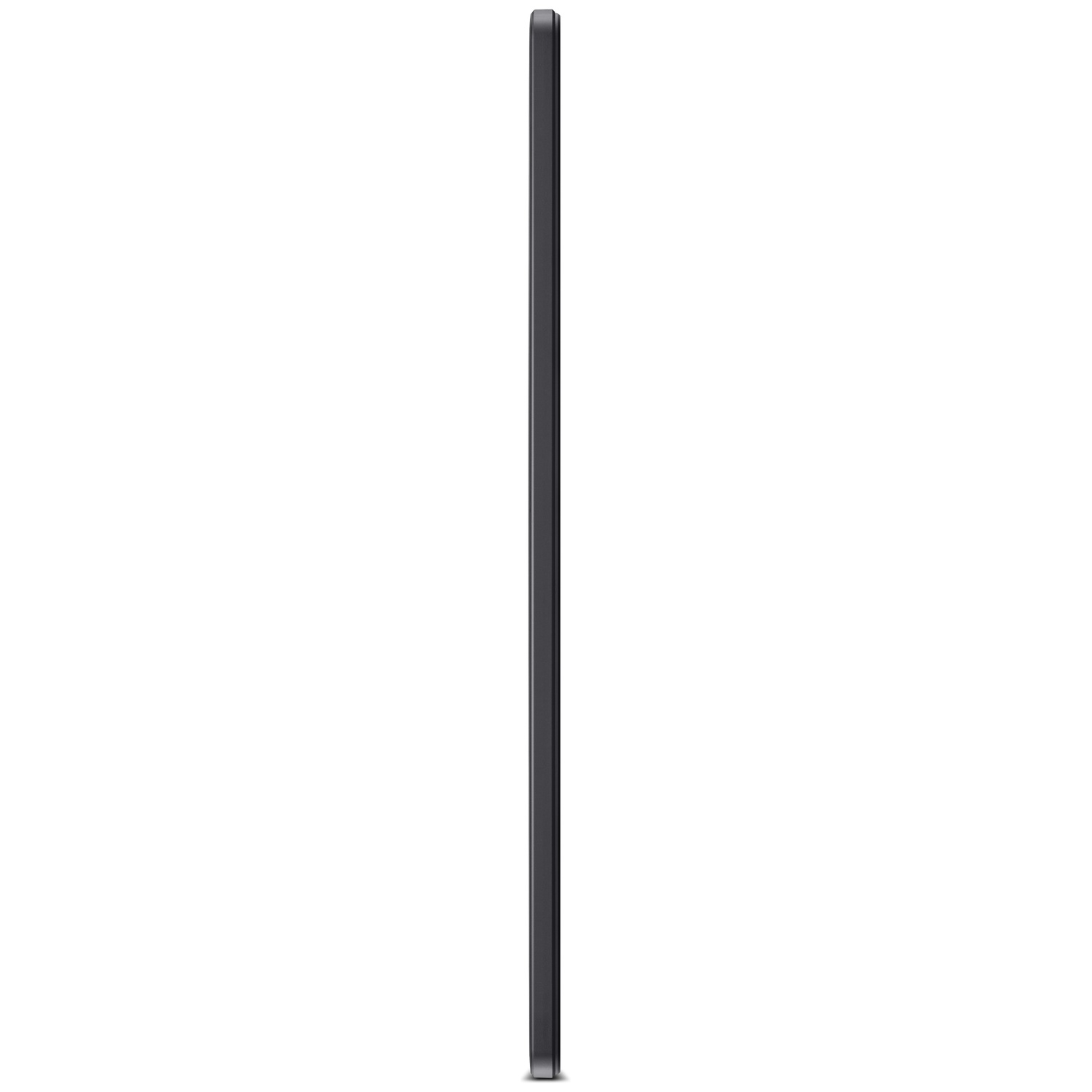Vue de profil latéral d'une tablette fine et grise sur fond blanc.