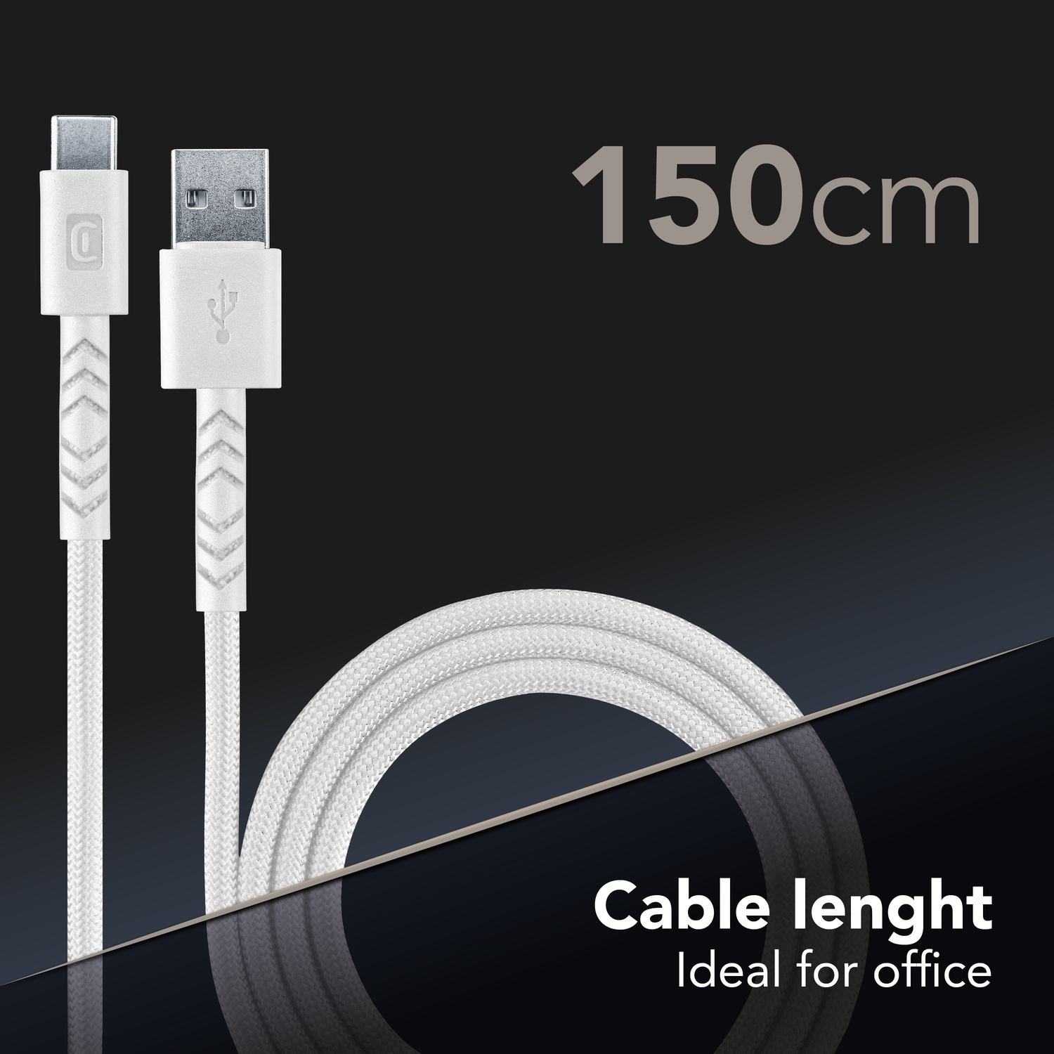 Cavo intrecciato bianco da USB-A a USB-C, lungo 150 cm, su sfondo scuro con testo.