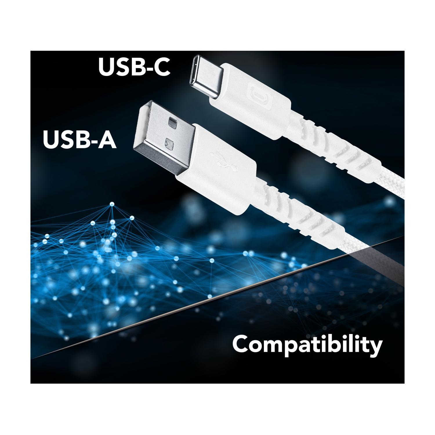 Cavi bianchi USB-A e USB-C su sfondo nero con linee blu.