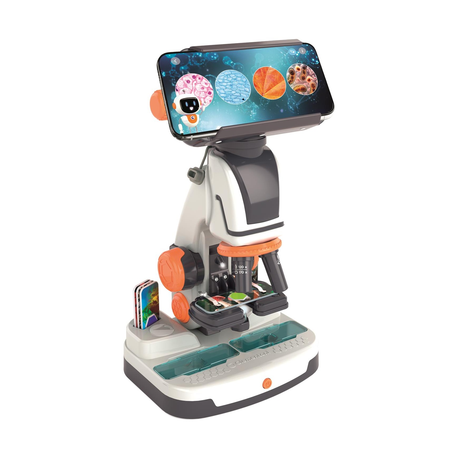 Un microscopio per bambini bianco e grigio con dettagli arancioni, vetrini e supporto per smartphone.