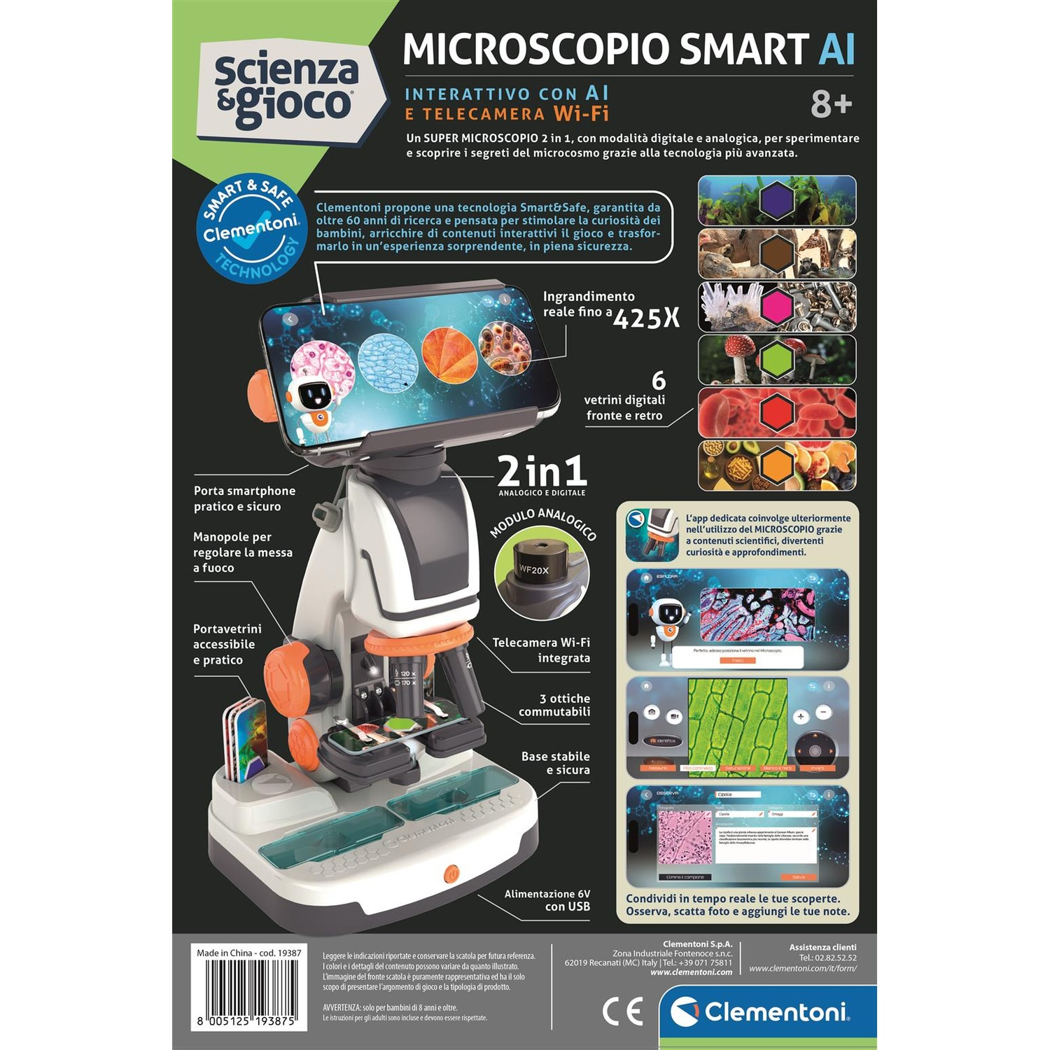 Confezione di un microscopio smart AI Clementoni per bambini, con funzioni di dispositivo e app.