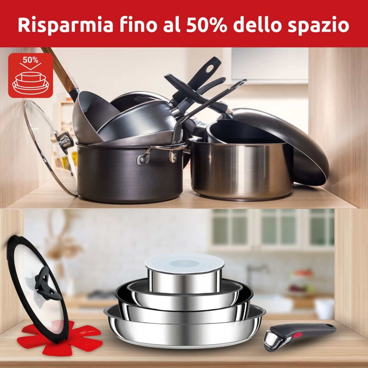 Pentole e padelle impilate su scaffali mostrano design salvaspazio.
