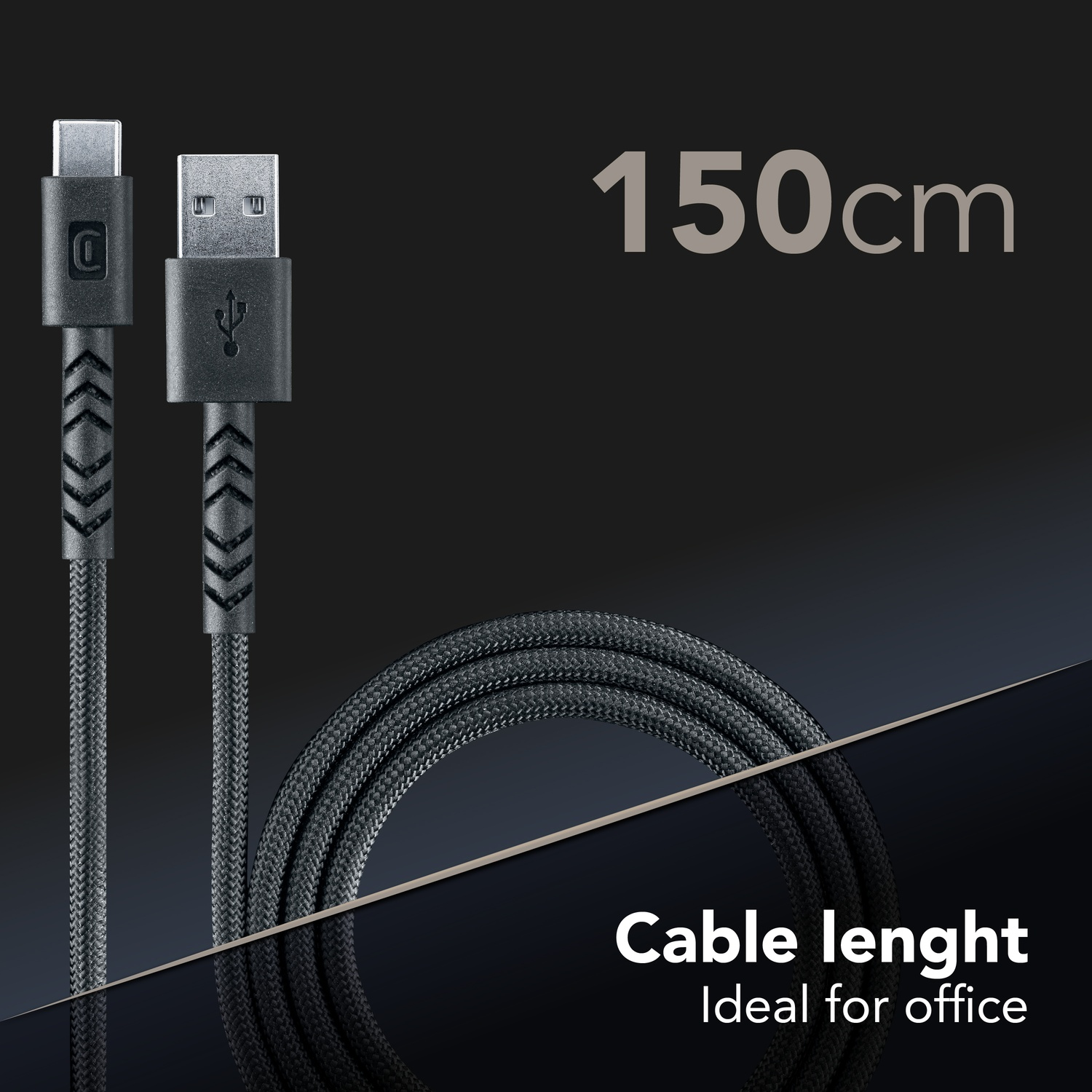 Cavo da USB-C a USB nero da 150 cm con trama intrecciata e testo.