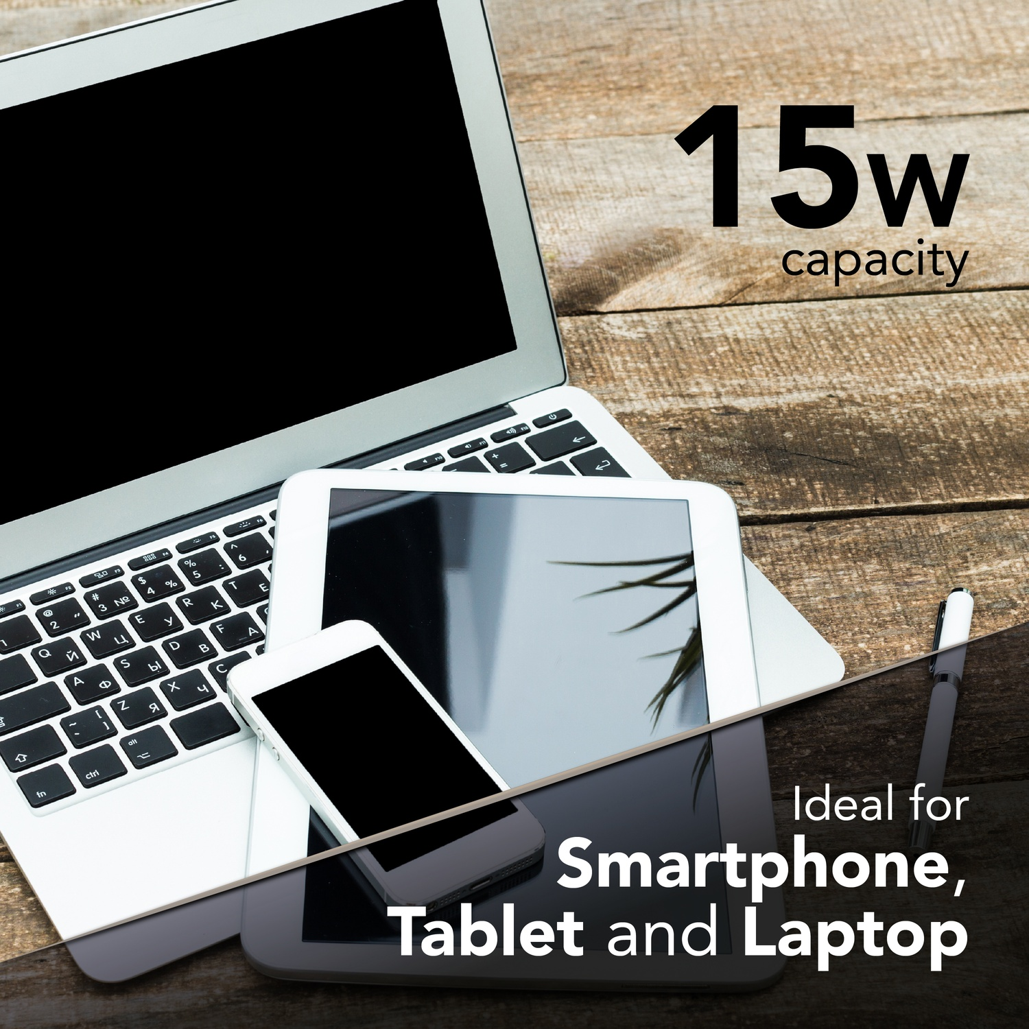 Un laptop, un tablet e uno smartphone su una scrivania di legno con penna e testo capacità 15w.