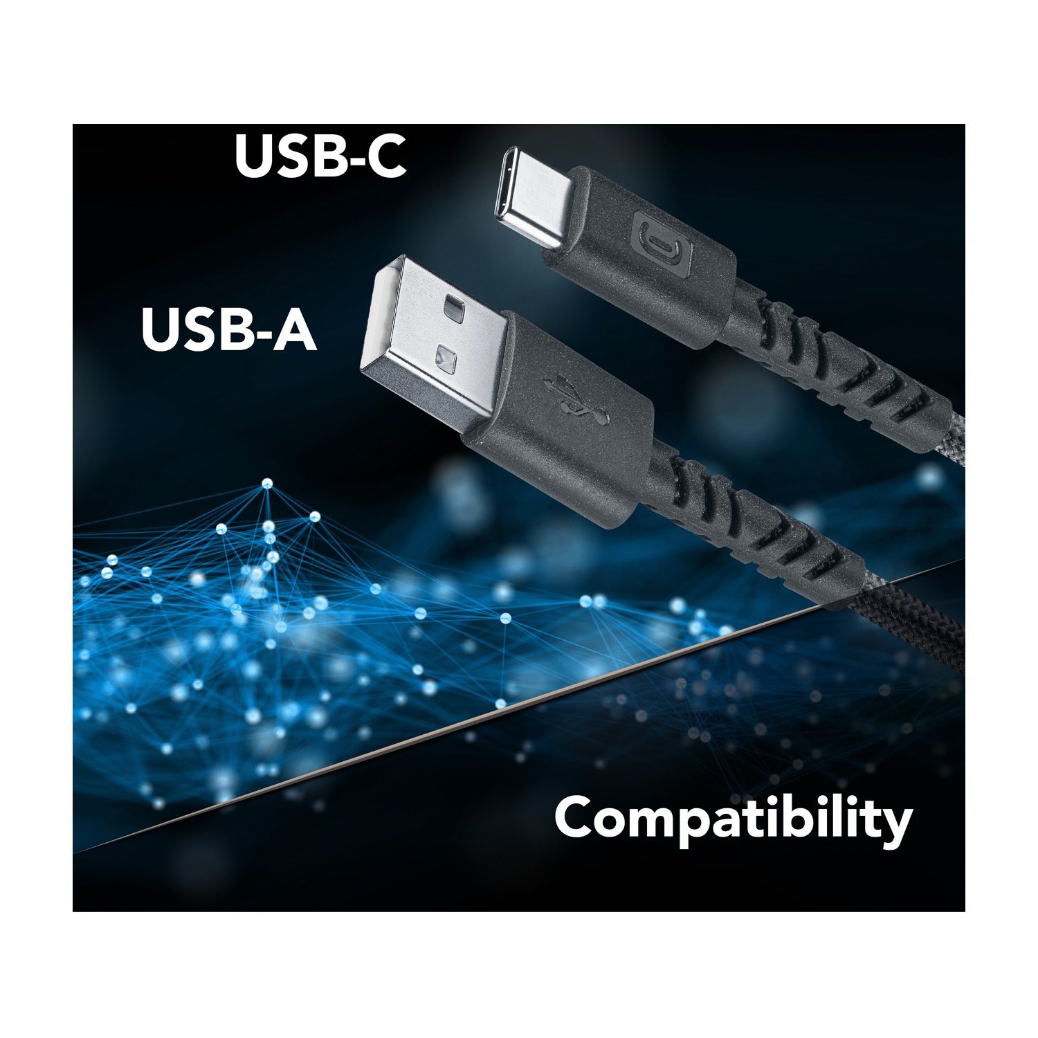 Cavi intrecciati USB-C e USB-A su sfondo digitale blu con la scritta Compatibilità.