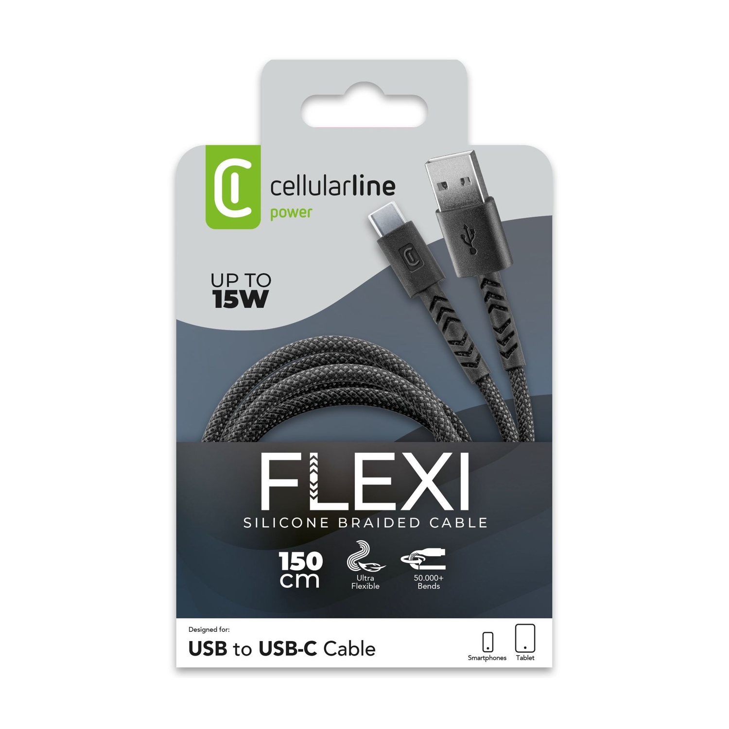 Confezione per un cavo intrecciato in silicone da USB a USB-C Cellularline Flexi da 150 cm.