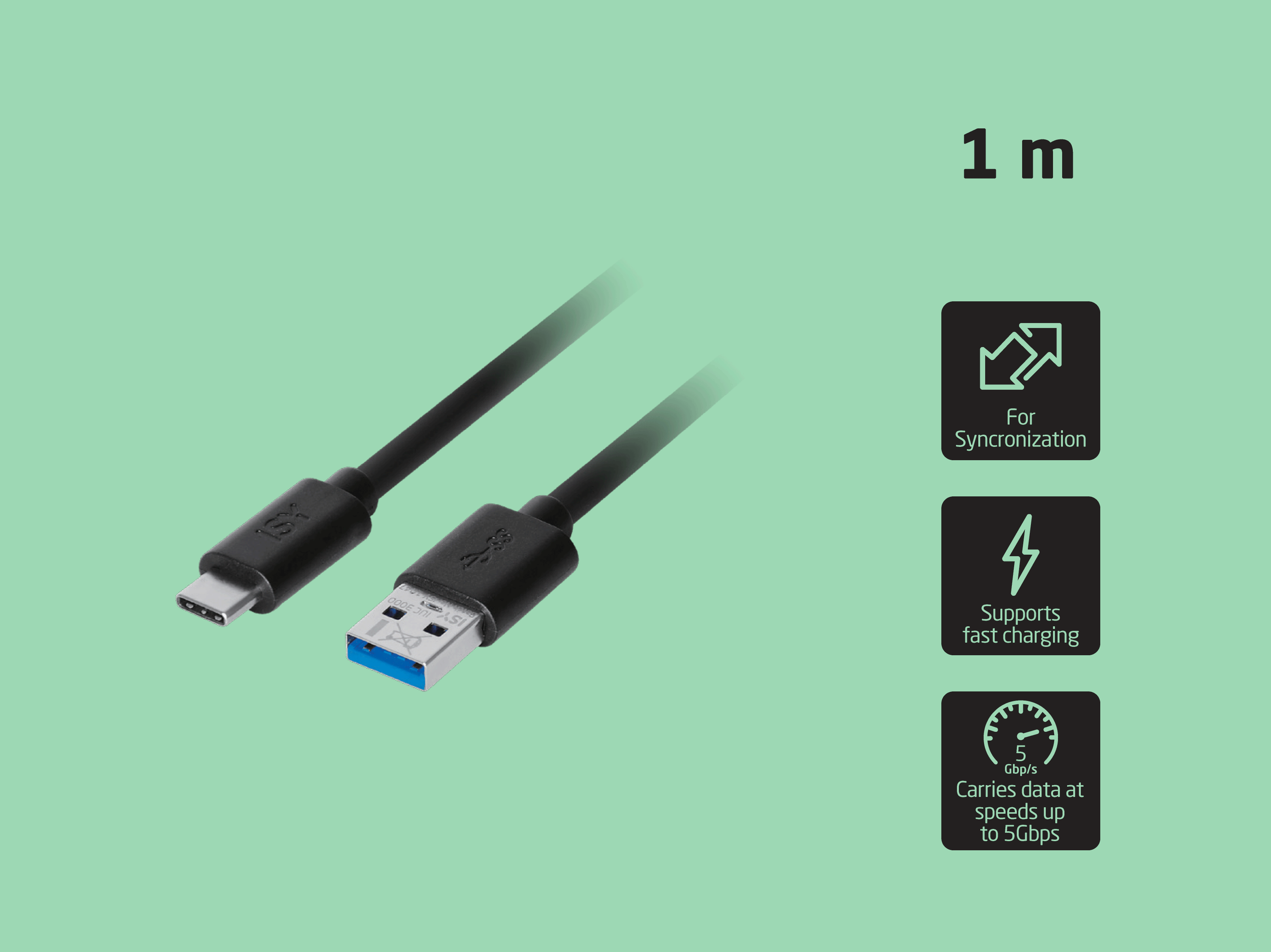 Cable negro USB-A a USB-C de 1m con iconos de sincronización, carga rápida y transferencia de datos a 5 Gbps.