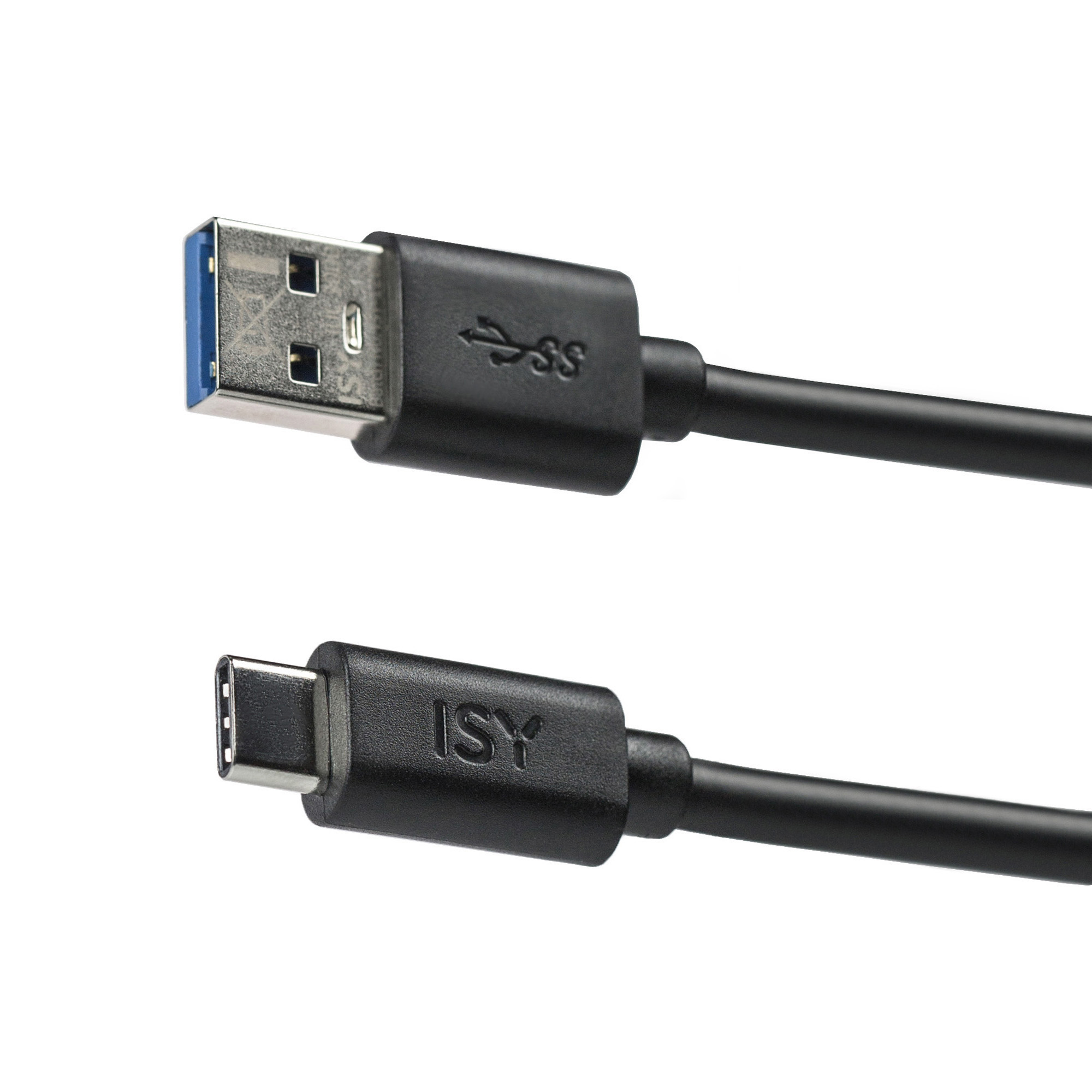 Cable USB negro con un conector USB-A arriba y un conector USB-C abajo sobre fondo blanco.