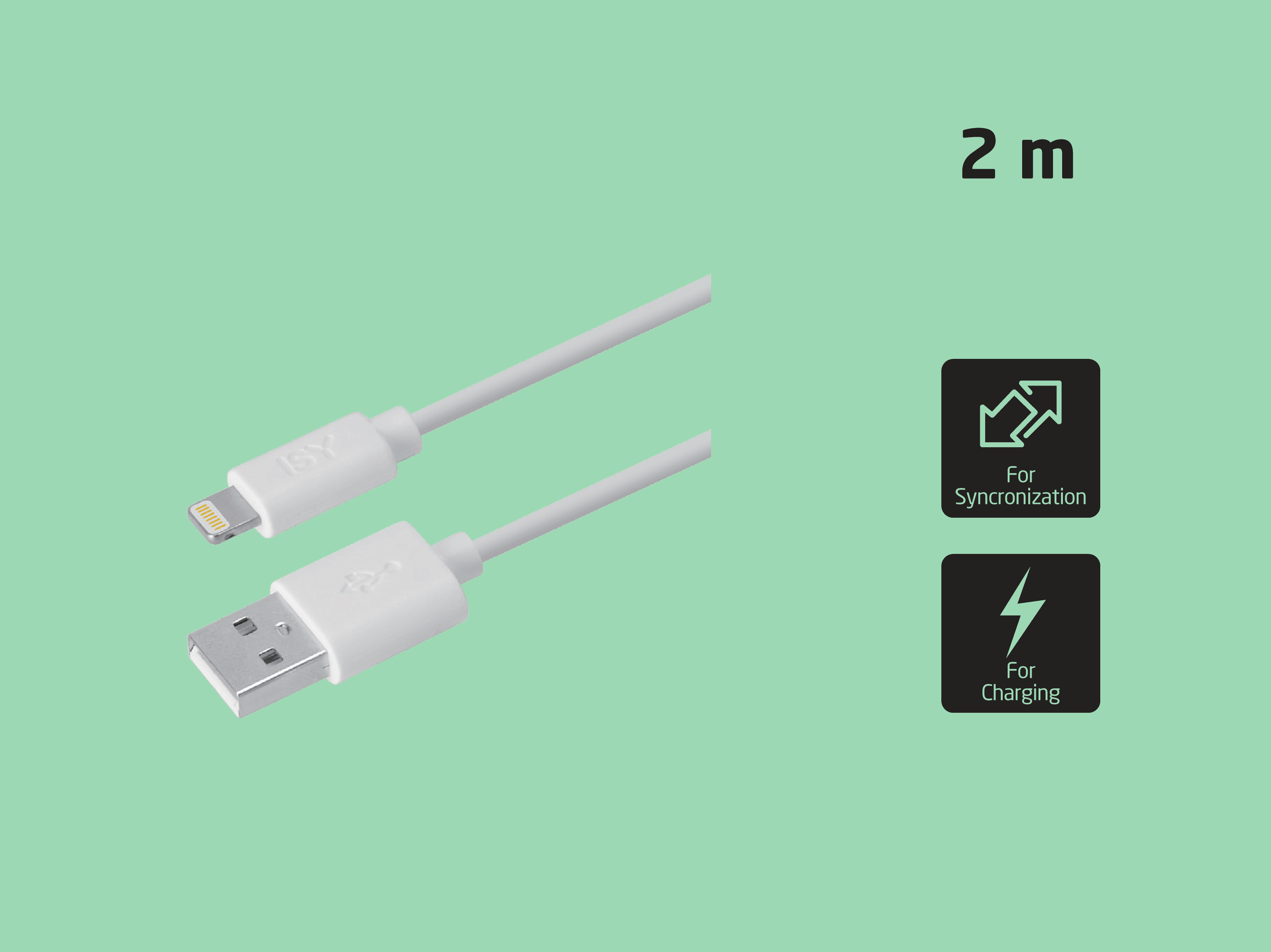 Ein 2m langes weißes USB-A-zu-Lightning-Kabel auf grünem Grund, für Sync und Laden.