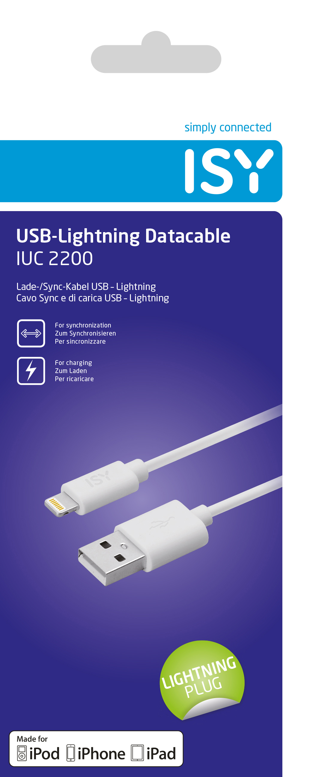 Verpackung für ISY USB-Lightning-Datenkabel IUC 2200 in Blau und Wei ß mit Produktabbildung.