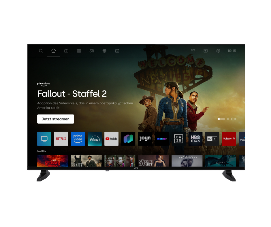Ein Smart-TV zeigt eine Prime-Video-Oberfläche mit Fallout-Staffel 2 und Streaming-App-Symbolen.