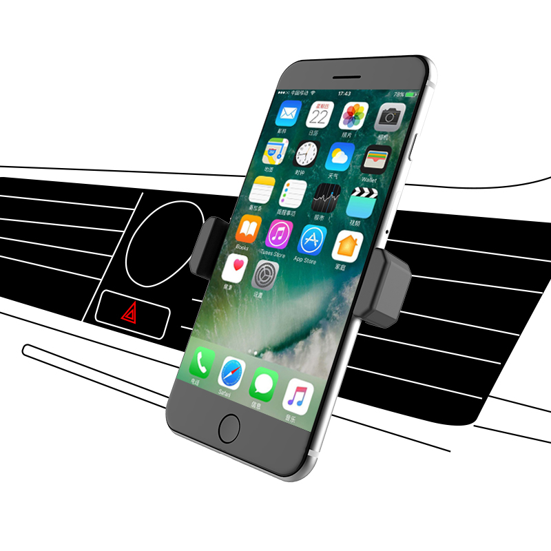 Un teléfono inteligente en un soporte de ventilación de automóvil con iconos de aplicaciones y fondo de tablero.