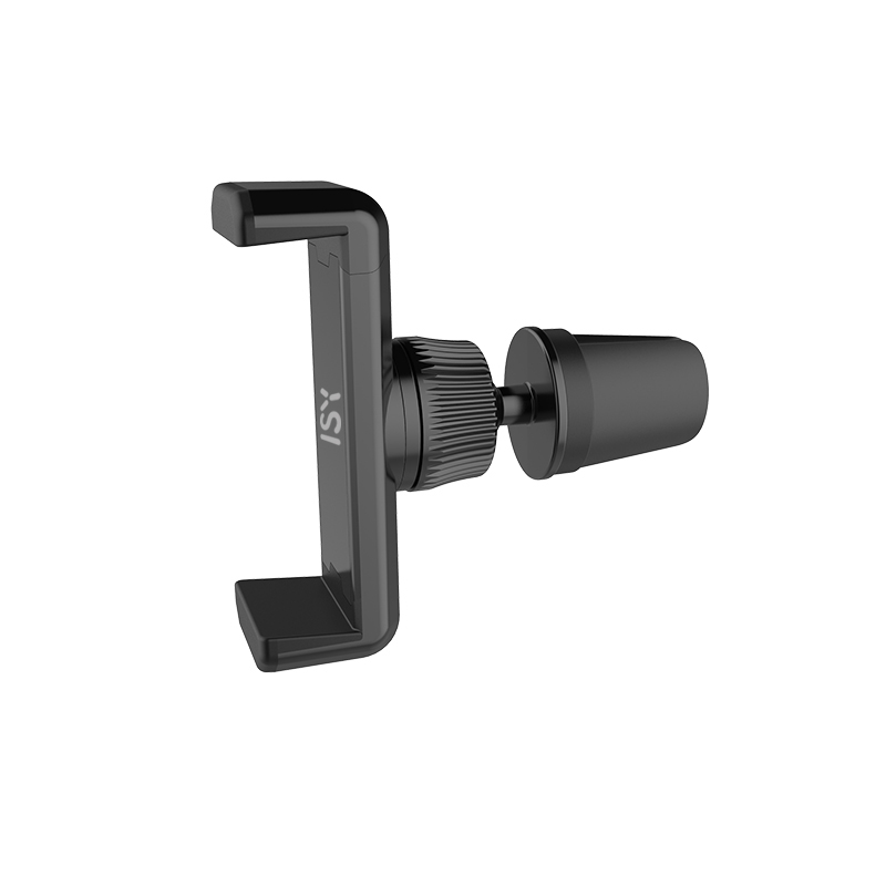 Soporte negro para smartphone para coche con pinza de rejilla de ventilación sobre fondo blanco.