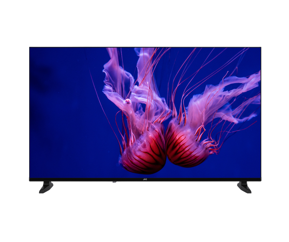 Ein Flachbildfernseher auf weißem Hintergrund zeigt zwei rosa Quallen im tiefblauen Ozean.