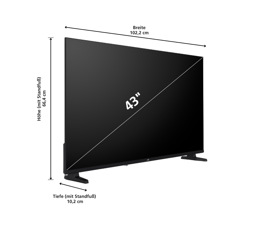 Schwarzer 43-Zoll-Fernseher mit Maßangaben für Breite, Höhe und Tiefe.