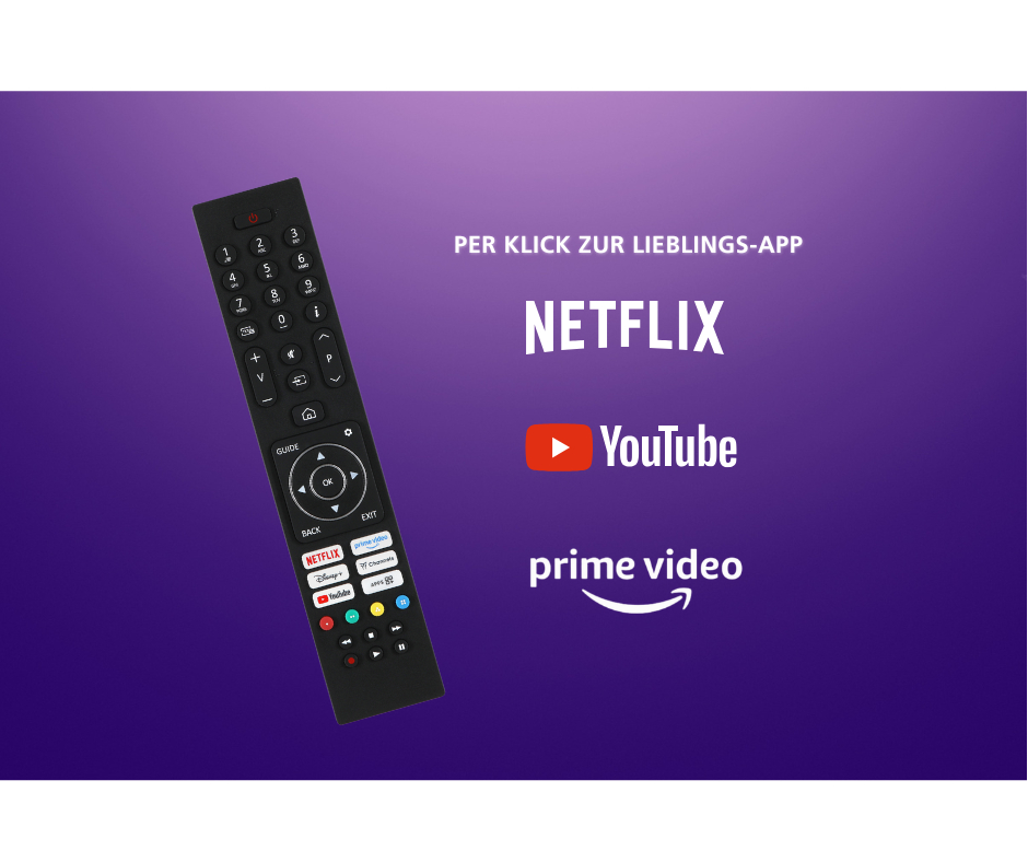 Eine schwarze Fernbedienung vor violettem Hintergrund mit Netflix-, YouTube- und Prime Video-Logos.