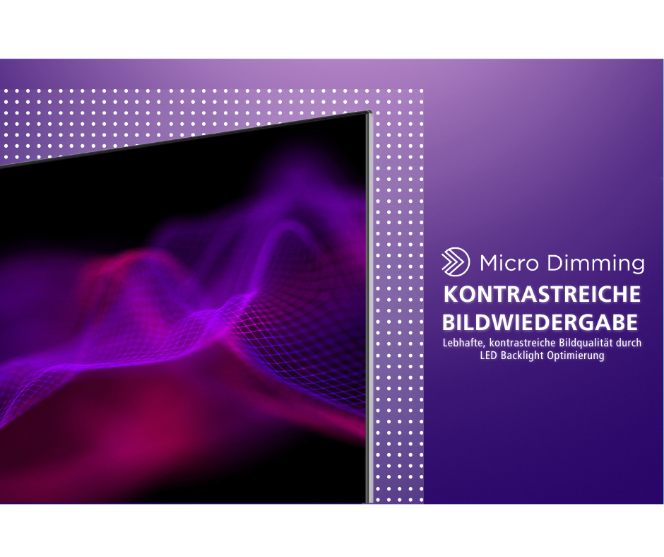 Curved TV-Bildschirm zeigt violette Neonwellen mit Micro Dimming Text auf violettem Hintergrund.