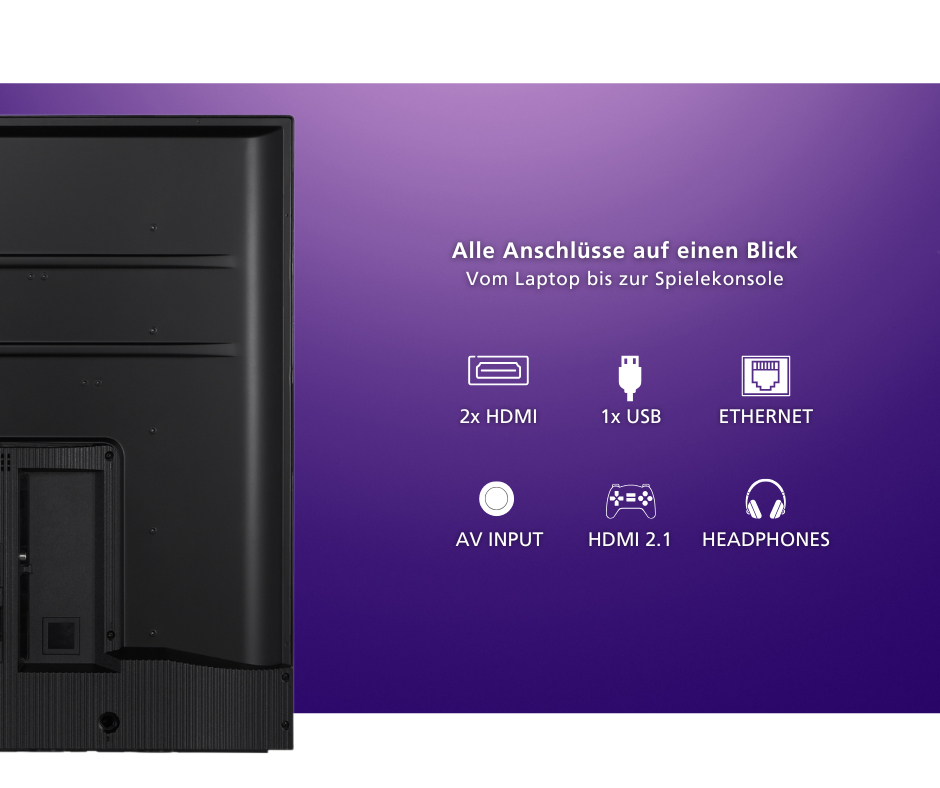 Rückseite eines schwarzen Fernsehers vor lila Hintergrund mit Icons für verschiedene Anschlüsse wie HDMI und USB.