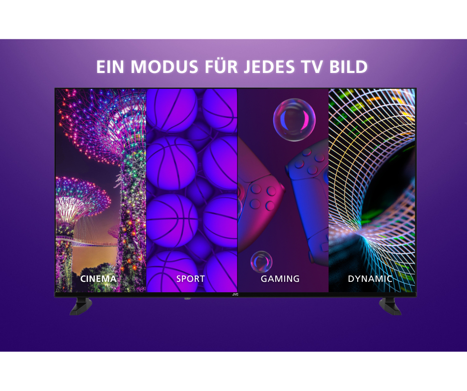 Ein Fernseher mit vier Bildschirmmodi: Cinema, Sport, Gaming und Dynamic vor einem violetten Hintergrund.