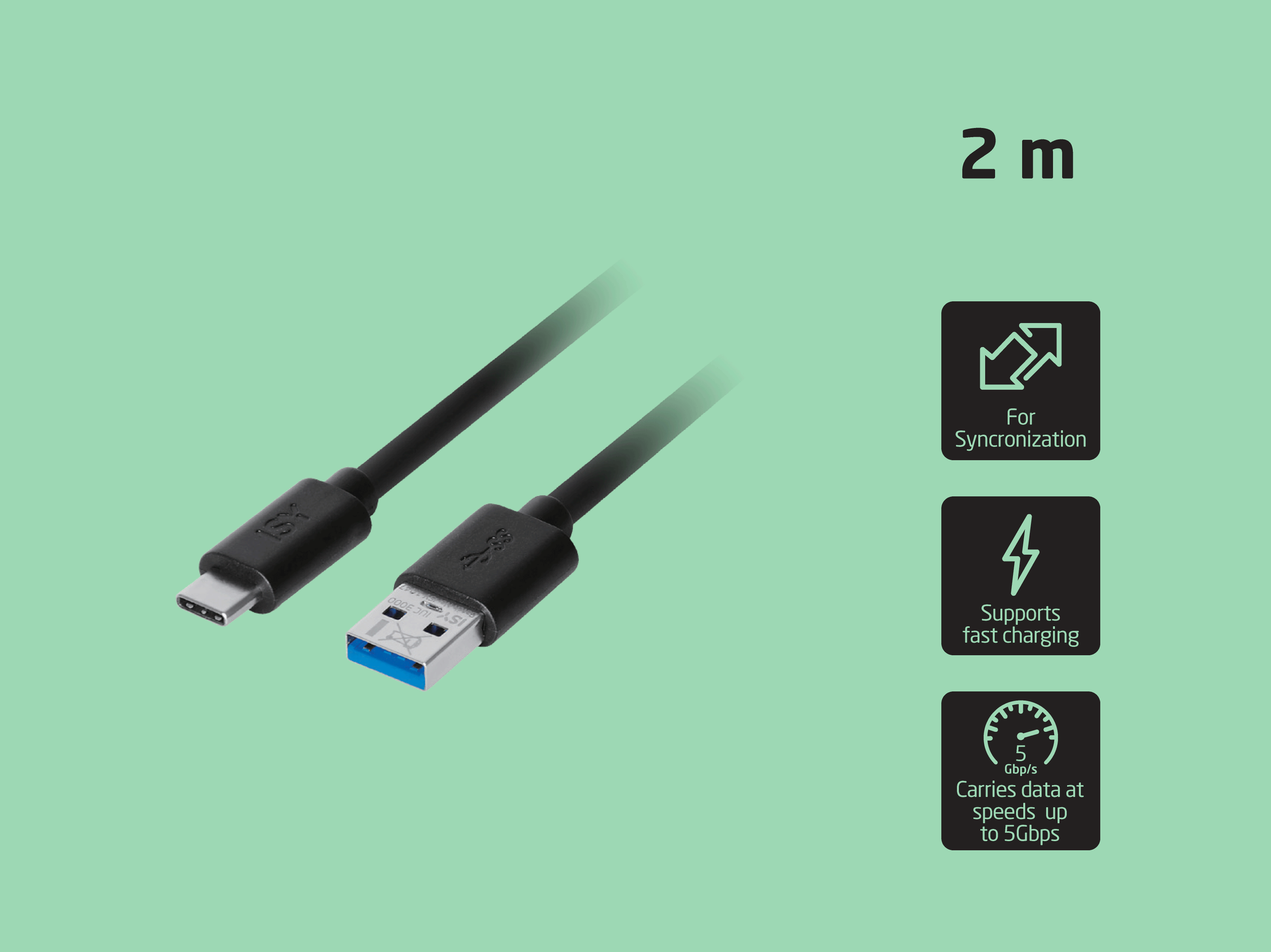 Ein 2m schwarzes USB-C auf USB-A Kabel vor grünem Hintergrund mit Symbolen für Synchronisierung, Schnellladen und 5Gbps.