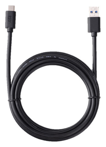 Ein schwarzes USB-C- auf USB-A-Kabel sauber aufgerollt vor weißem Hintergrund.