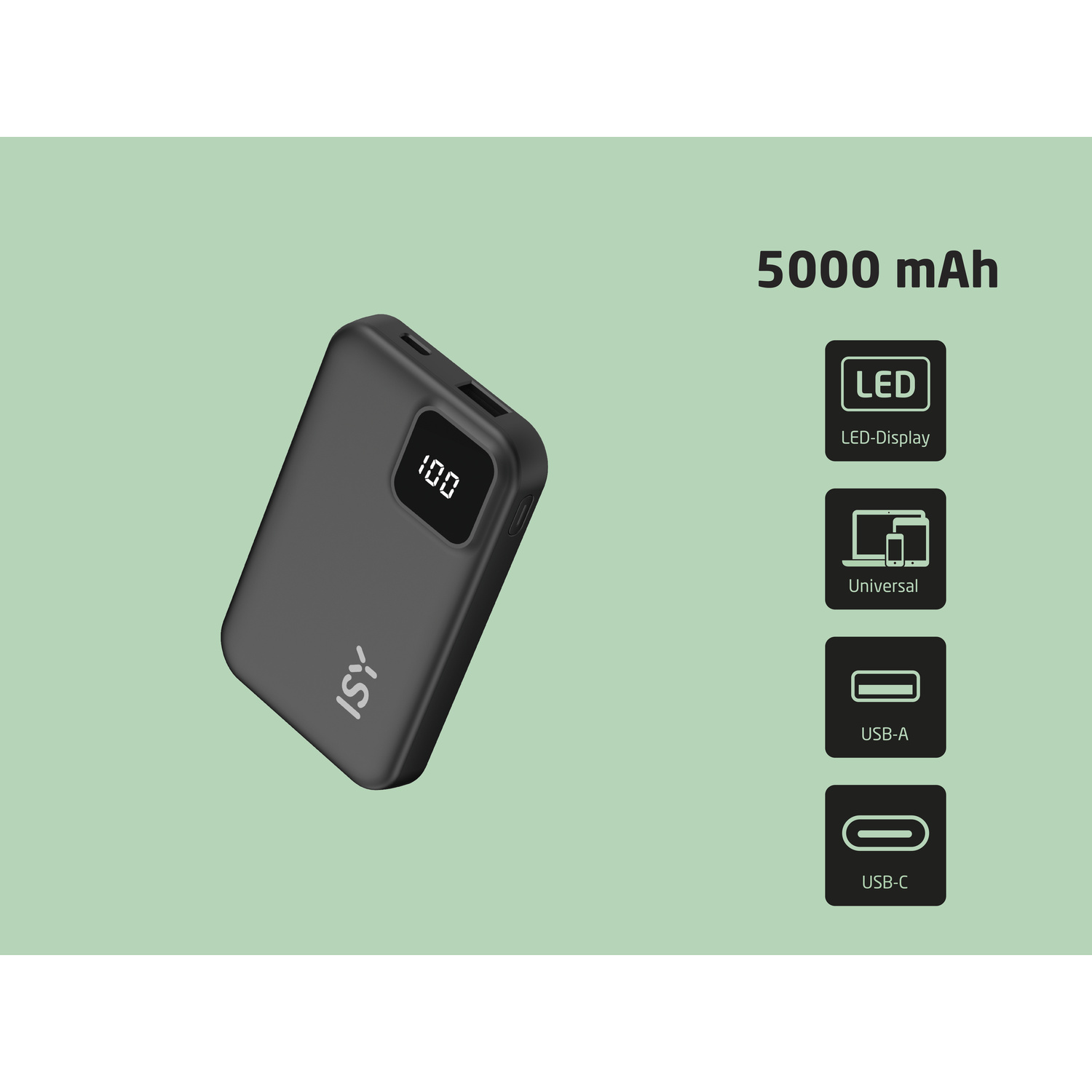 POWER BANK ISY IPP-5001 5000 mAh, Nero