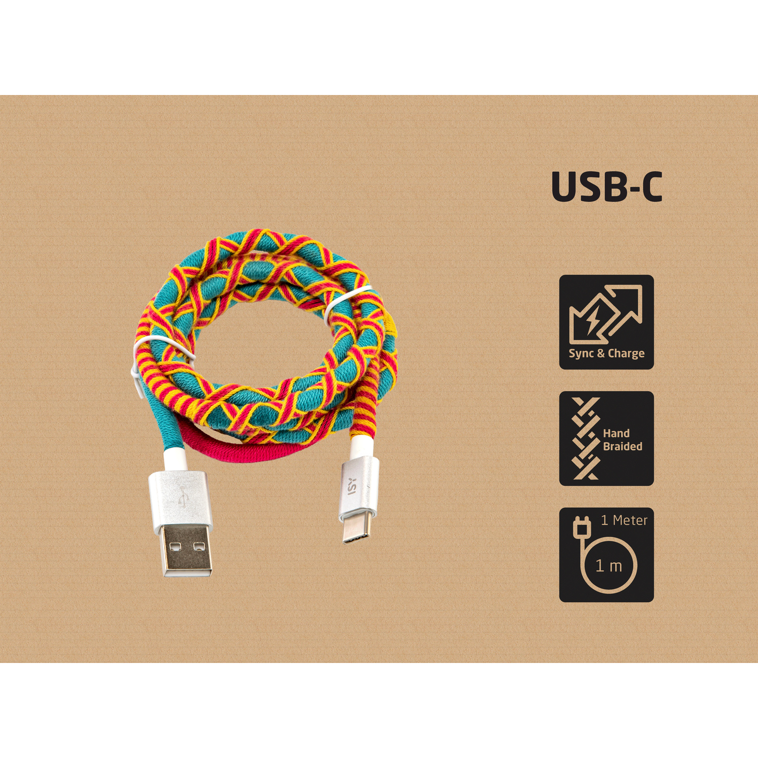 Un cavo USB-C intrecciato colorato, lungo 1 metro, per sincronizzazione e ricarica.