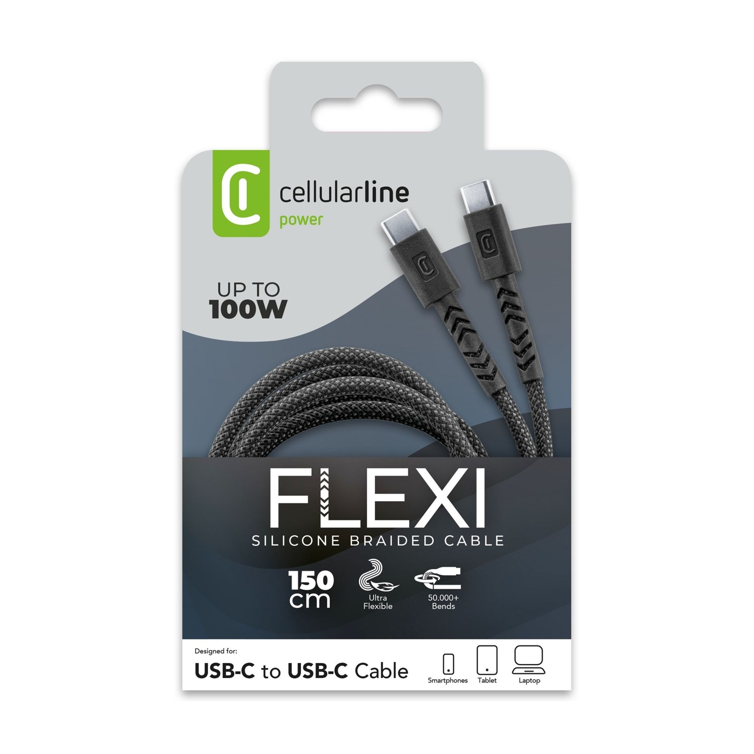 Confezione cavo Cellularline Flexi USB-C a USB-C, 100W, 150cm, con design in silicone intrecciato.