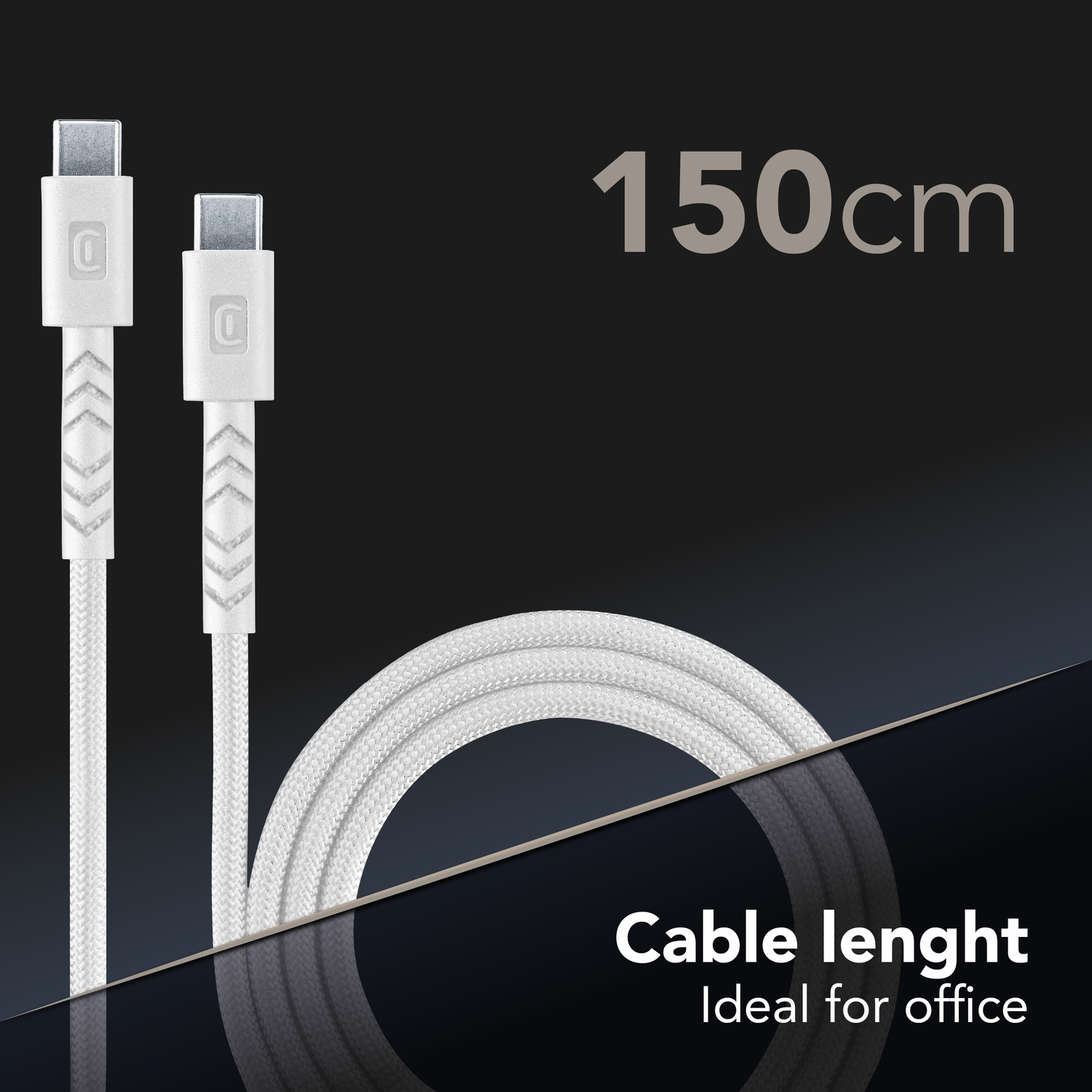 Cavo USB-C intrecciato bianco, lungo 150 cm, ideale per ufficio.