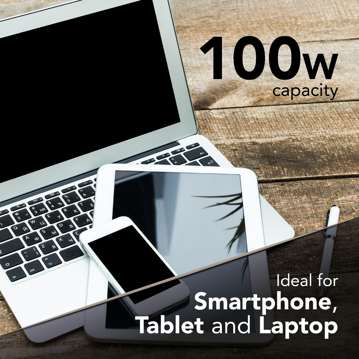 Un laptop, un tablet e uno smartphone su una scrivania in legno con testo sulla capacità di 100w.