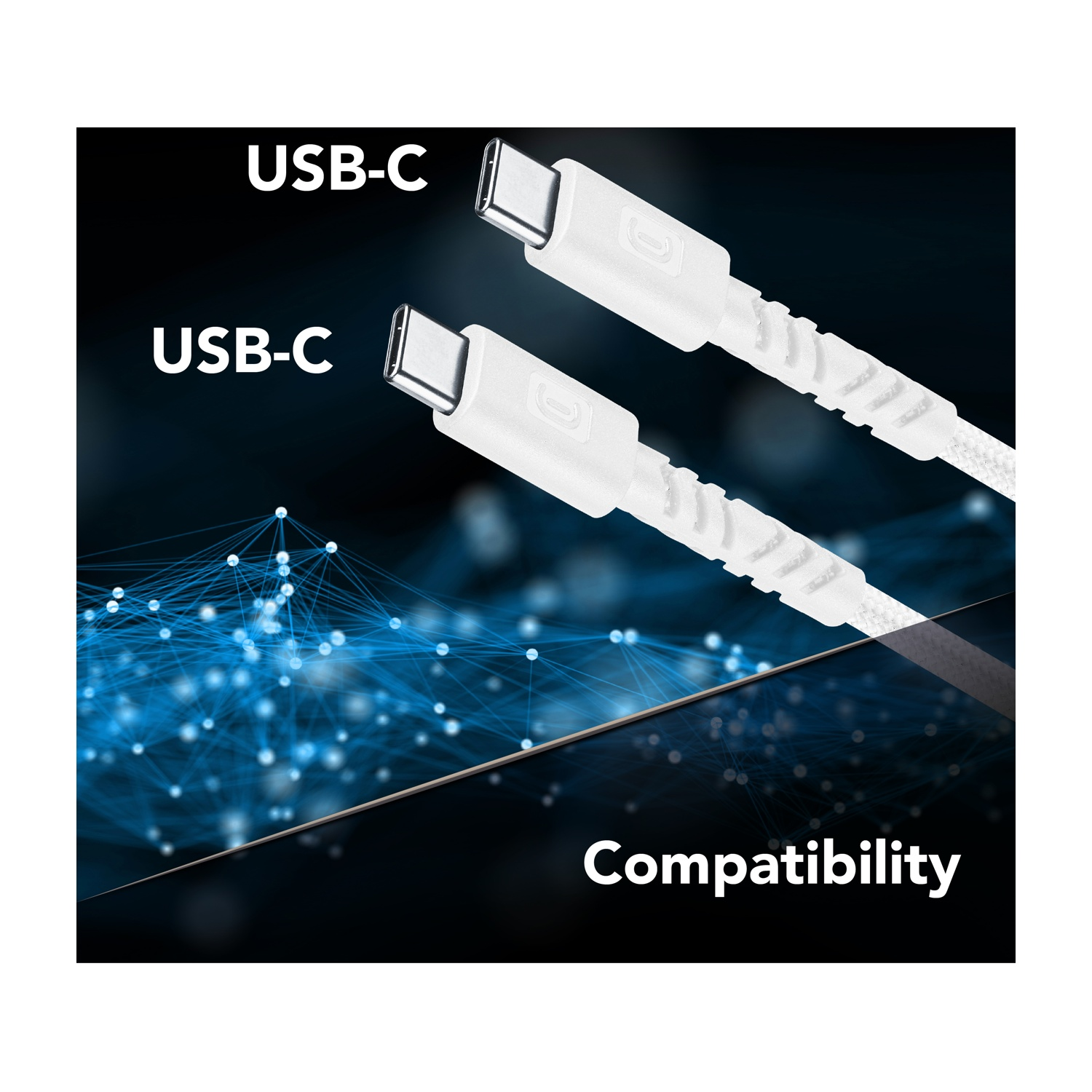 Due cavi USB-C bianchi su uno sfondo blu a tema tecnologico con la scritta Compatibilità.