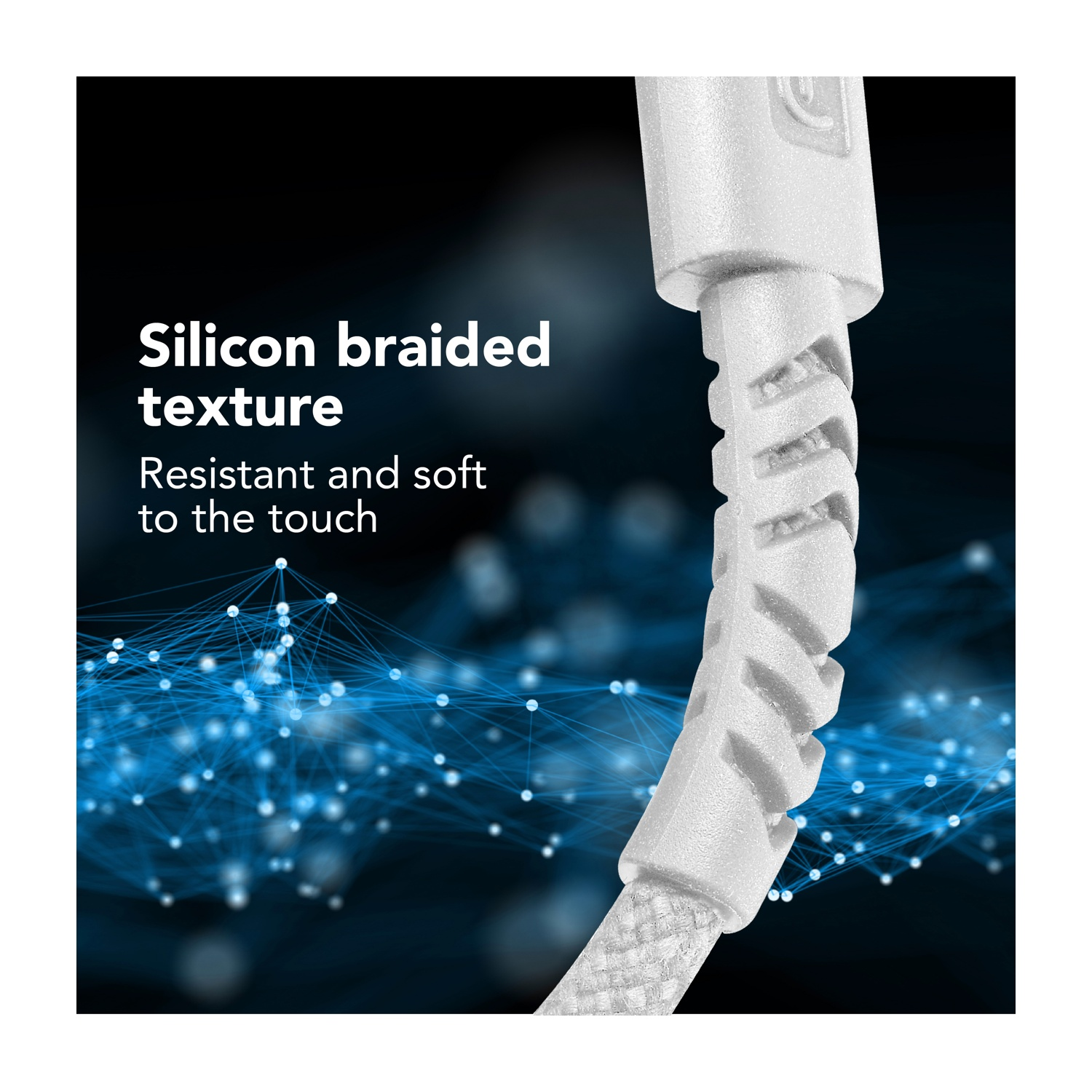 Cavo intrecciato in silicone bianco con superficie ruvida su sfondo di rete blu.