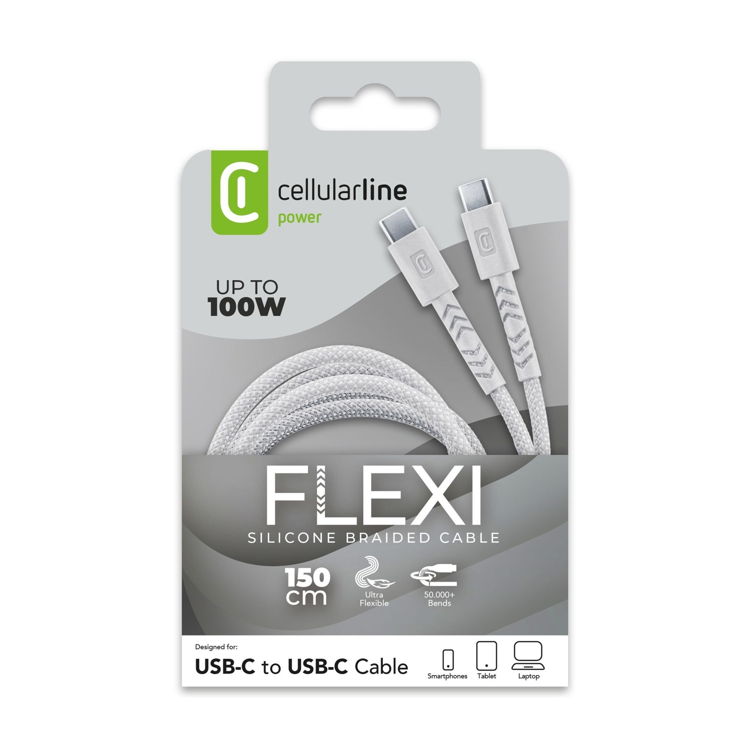 Confezione di un cavo intrecciato in silicone USB-C a USB-C bianco da 150 cm Cellularline fino a 100W.